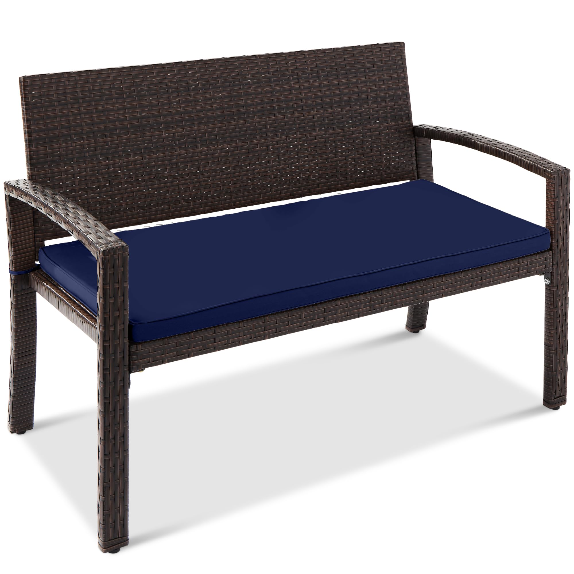 Best Choice Products Outdoor Bench 2-Person Wicker Garden Patio Benches Seating Furniture for Backyard, Porch w/Seat Cushion, 700lb Capacity - Brown/Tan