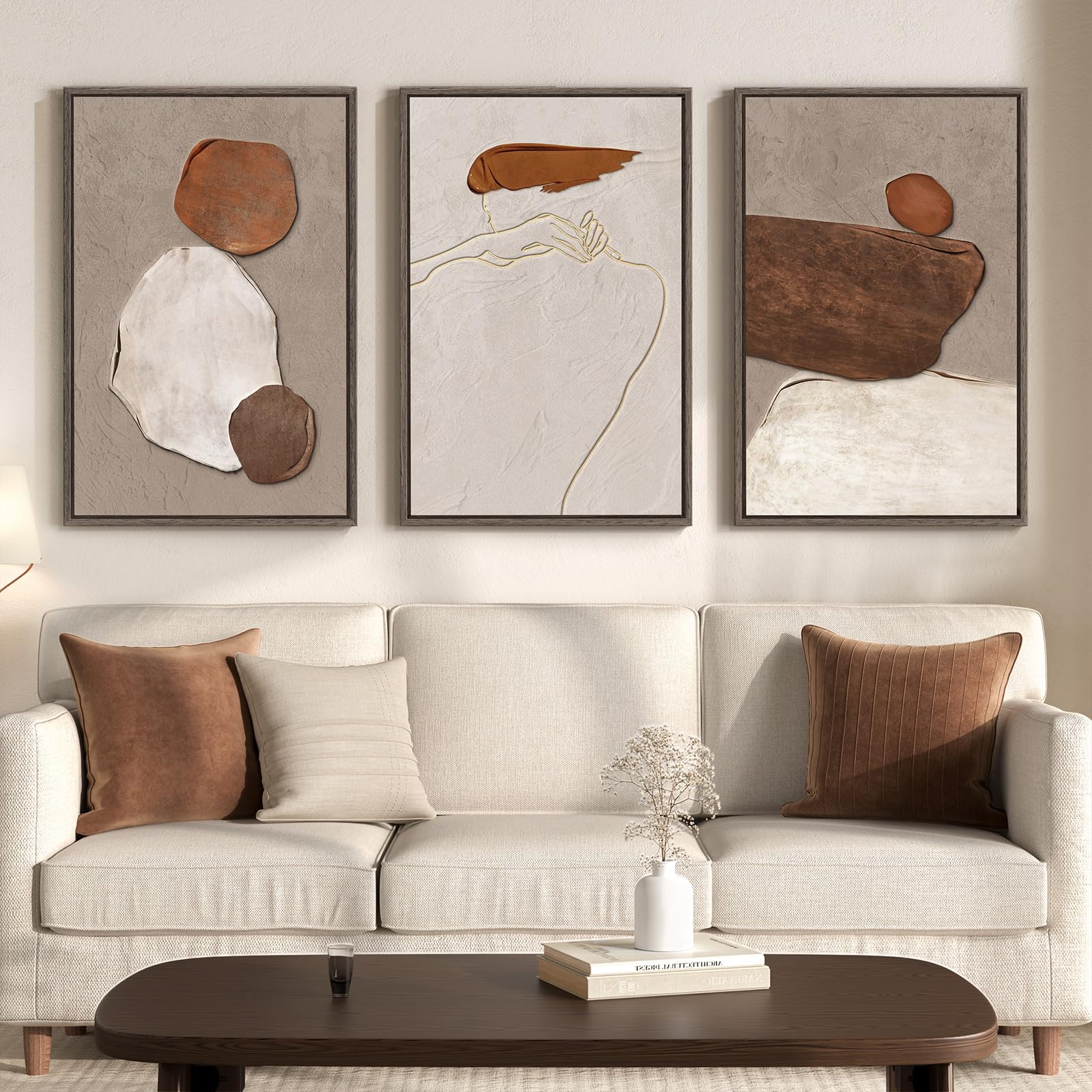 Large Framed Neutral Abstract Wall Art for Living Room, 3 Piece Modern Canvas Prints Paintings Artwork for Walls, Black and Beige Pictures for Living Room Hallway Stair Office Wall Decor 24x36 Inch