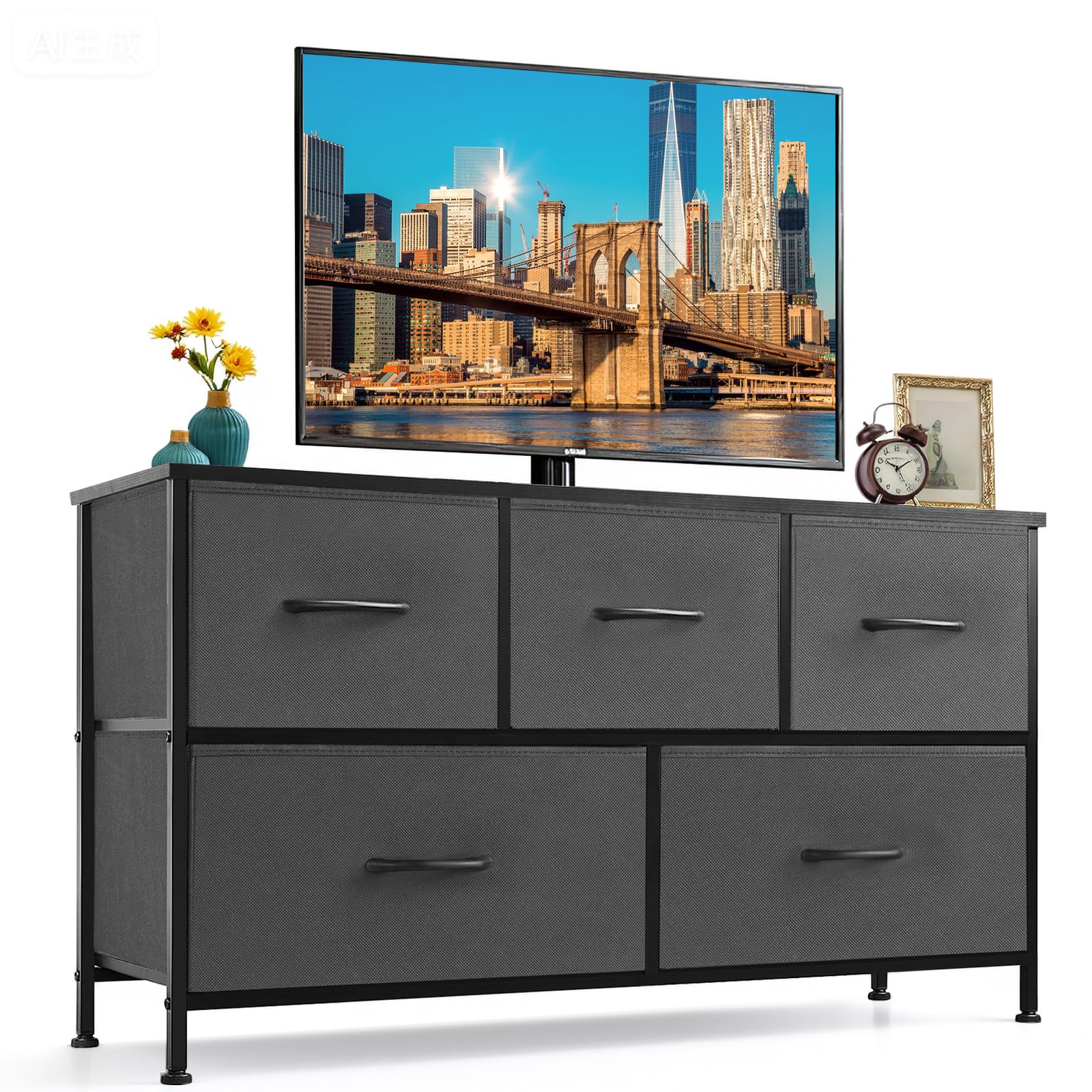 9-Drawer Dresser for Bedroom, Anti-Tip Tall Storage Organizer Chest of Drawers with Wooden Top and Metal Frame Fabric Bins for Closet, Living Room, Hallway, Entryway, White