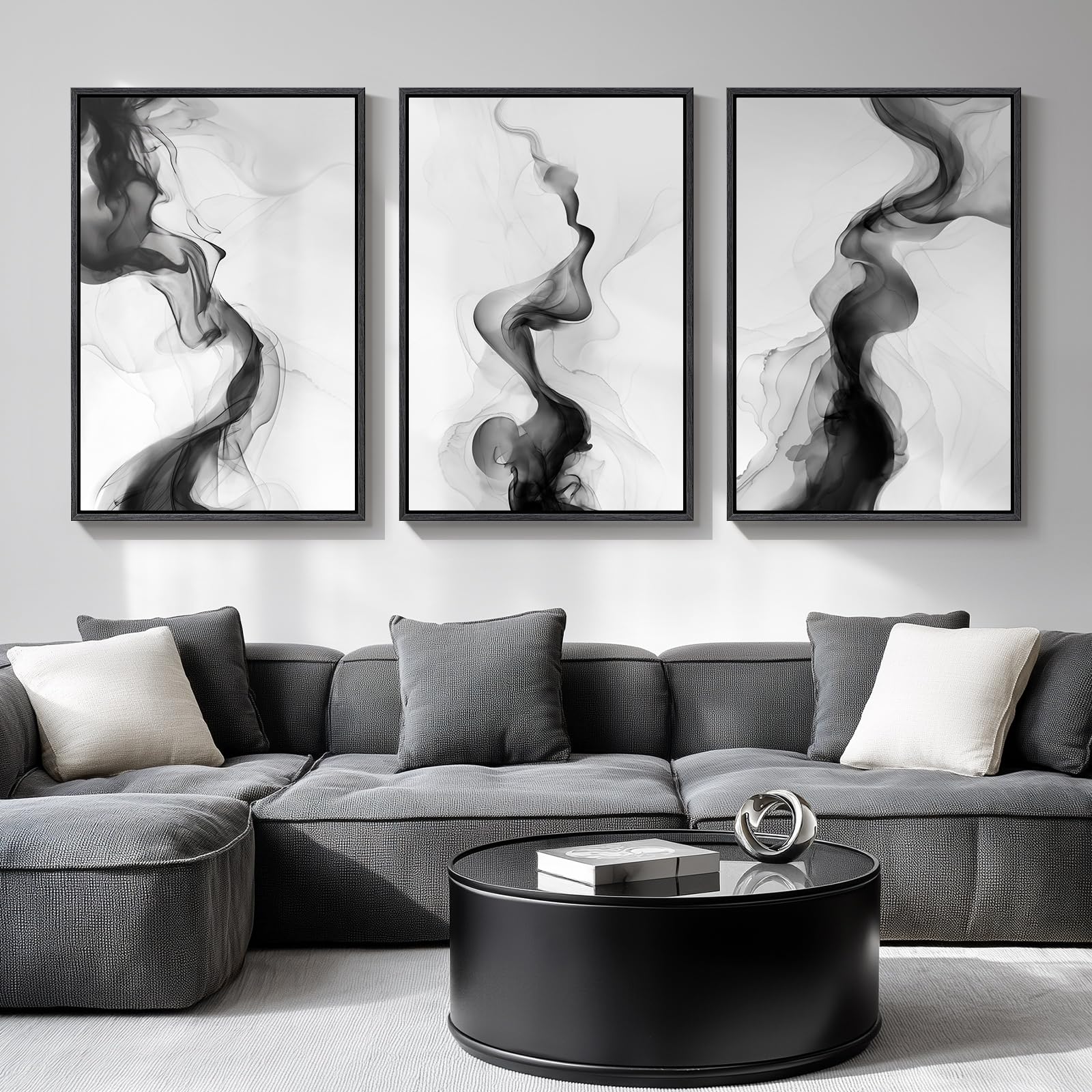 Framed Black and White Abstract Wall Art, 3 Piece Modern Canvas Prints Paintings Art for Walls, Minimalist Black White Abstract Pictures for Living Room Bedroom Dining Room Office Wall Decor 16x24 In