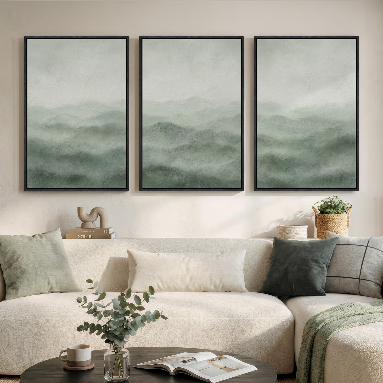 Large Framed Blue and Grey Abstract Wall Art for Living Room, 3 Piece Modern Canvas Prints Paintings Artwork for Walls, Minimalist Abstract Pictures Wall Decor for Hallway Office Bedroom 24x36 In