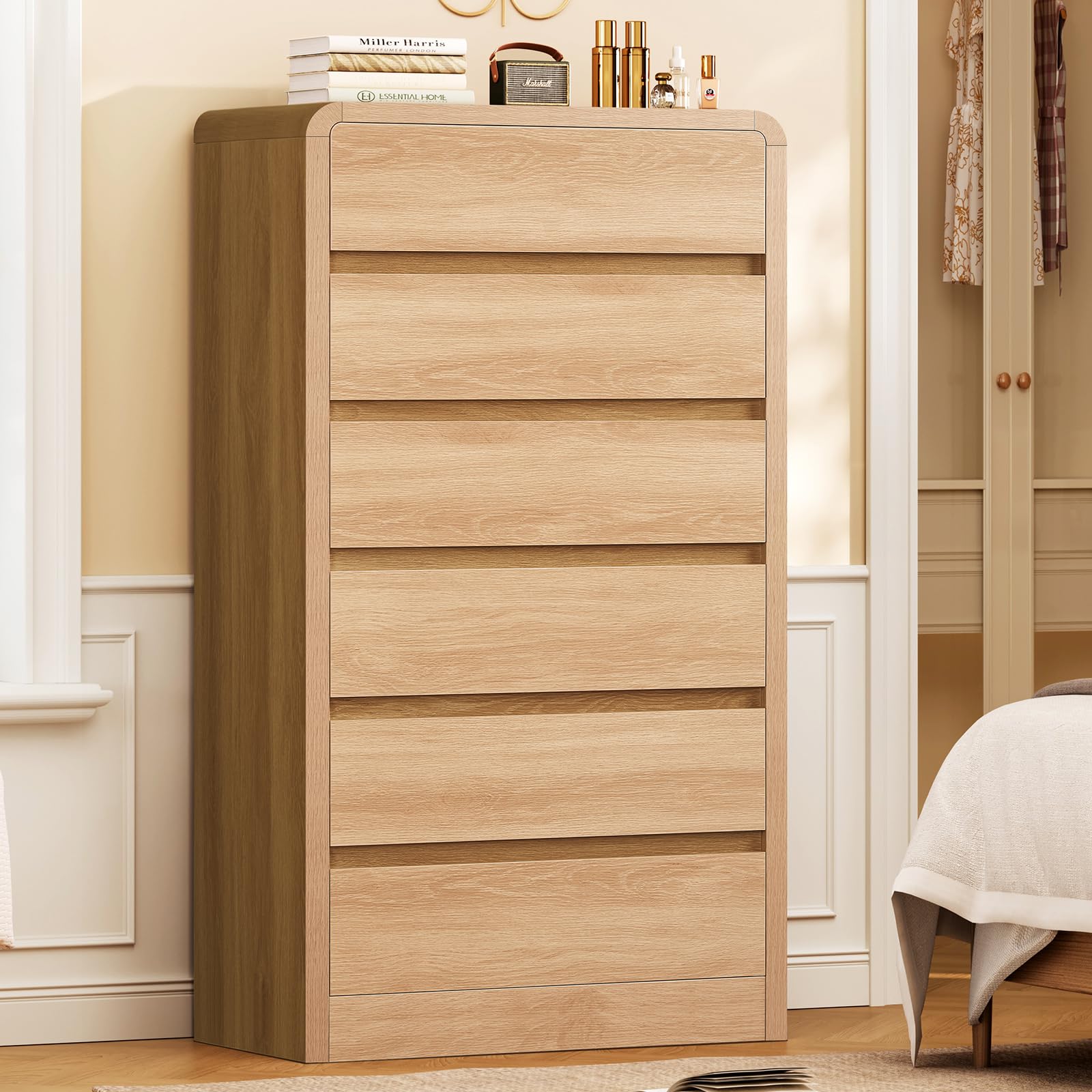 TEENFON 55" Dresser for Bedroom with 6 Drawers, Dressers & Chests of Drawers with Curved Profile Design, 6 Drawer Dresser, Bedroom Dressers, Wood Dressers for Bedroom, Hallway, Natural