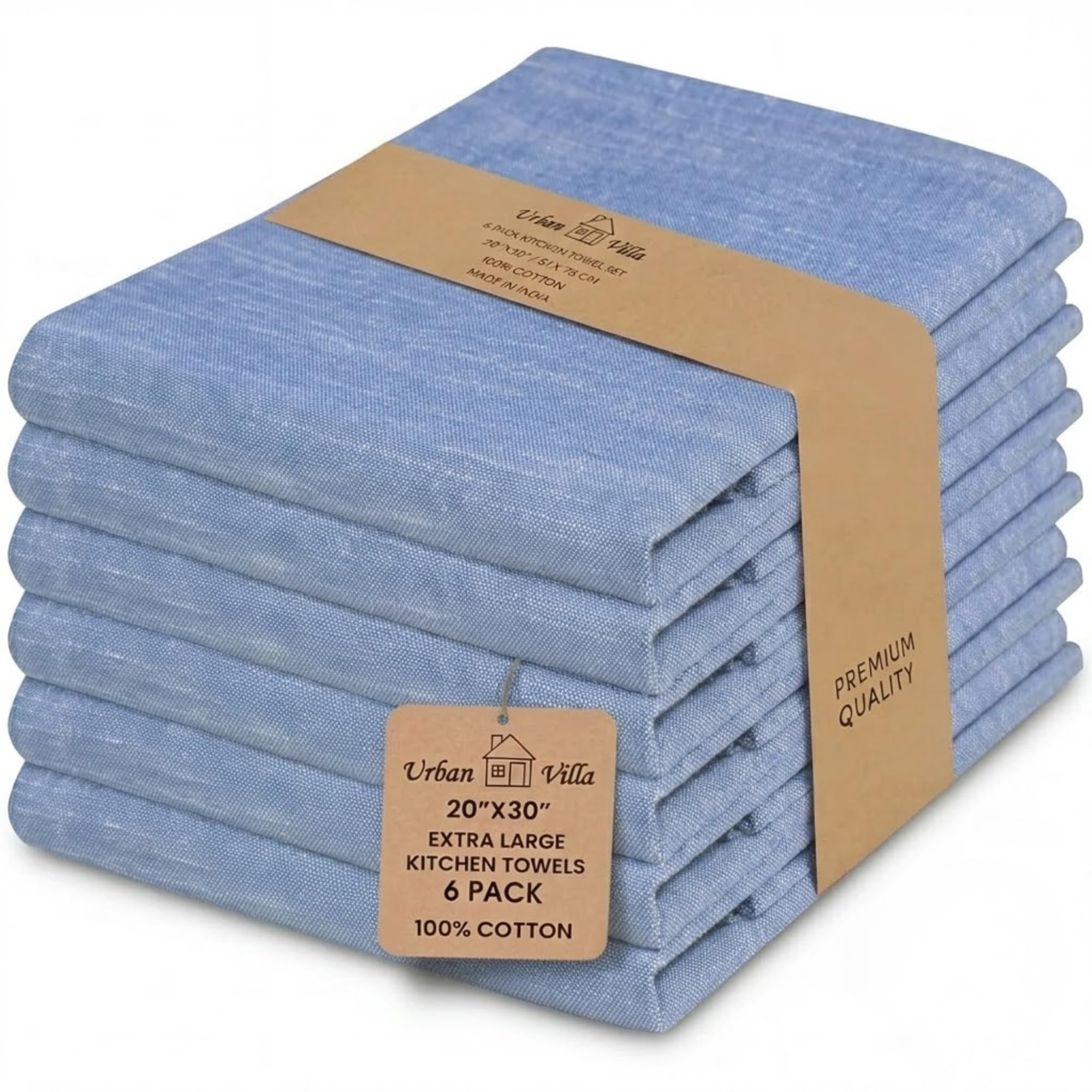 Urban Villa Kitchen Towels 100% Cotton Dish Towels for Kitchen (Set of 6) 20”x30” Dish Cloths Highly Absorbent Kitchen Linen Set with Hanging Loop Perfect for Drying Dishes Cleaning Towels-Blue White