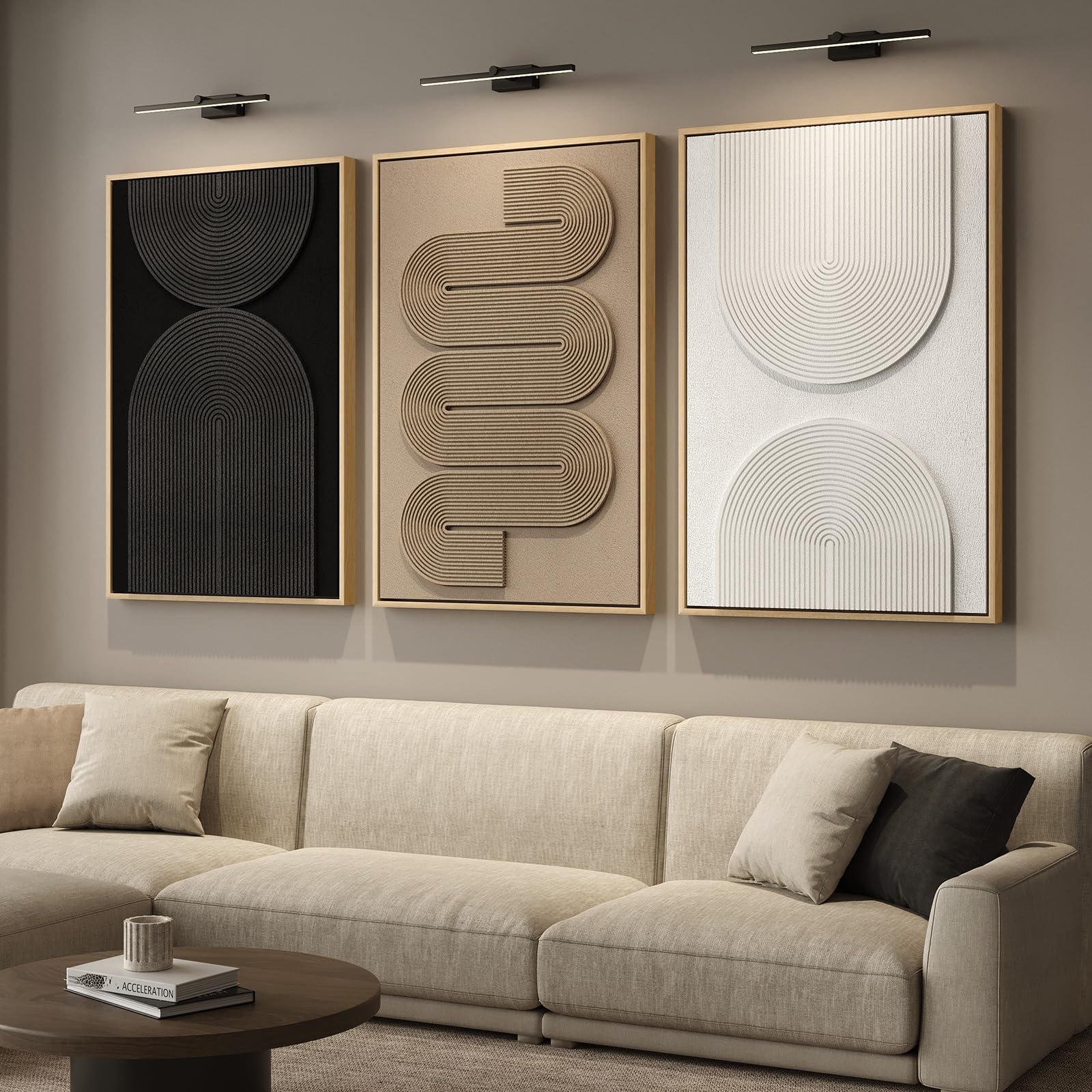 Large 3D Textured Framed Neutral Abstract Wall Art for Living Room, 3 Piece Modern Artwork for Walls, Minimalist White and Brown Geometric Wall Paintings for Hallway, Stair, Office Wall Decor 24x36 In