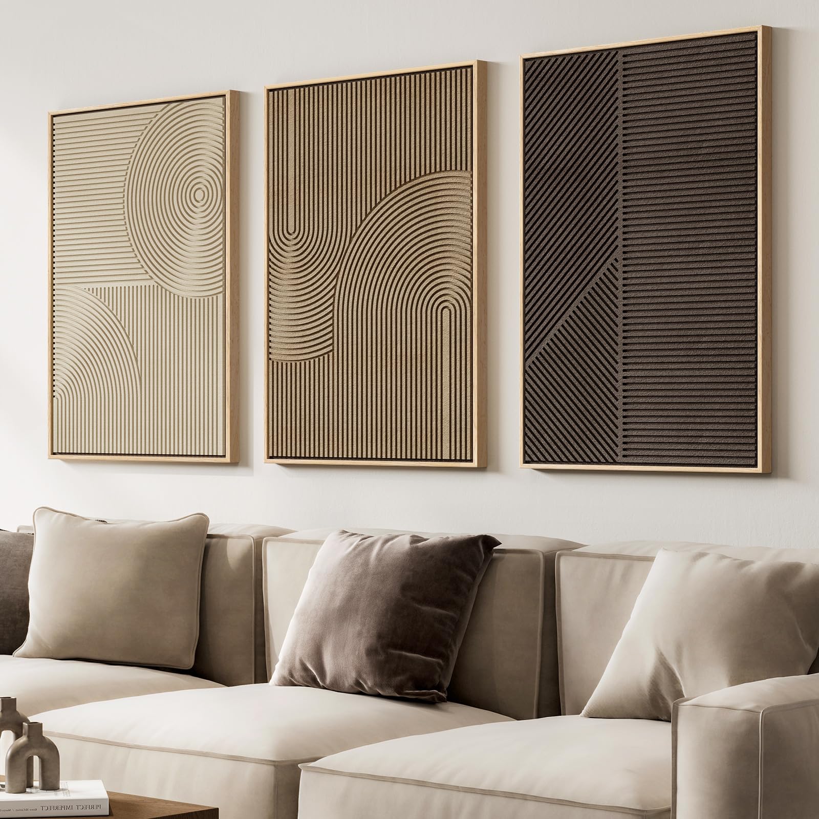 Large 3D Textured Framed Neutral Abstract Wall Art for Living Room, 3 Piece Modern Artwork for Walls, Minimalist White and Brown Geometric Wall Paintings for Hallway, Stair, Office Wall Decor 24x36 In