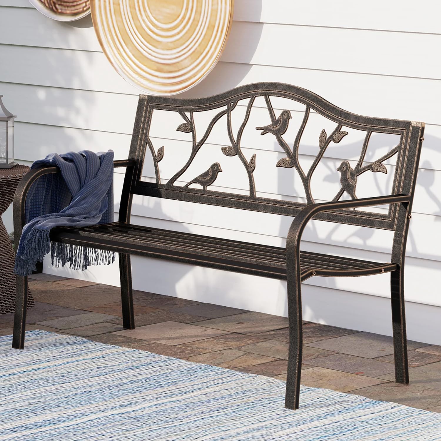 PHI VILLA 50-Inch Cast Iron Steel Frame Garden Bench Outdoor Patio Bench Chair w/Floral Design Backrest, Slatted Seat for Park, Yard & Porch, Black