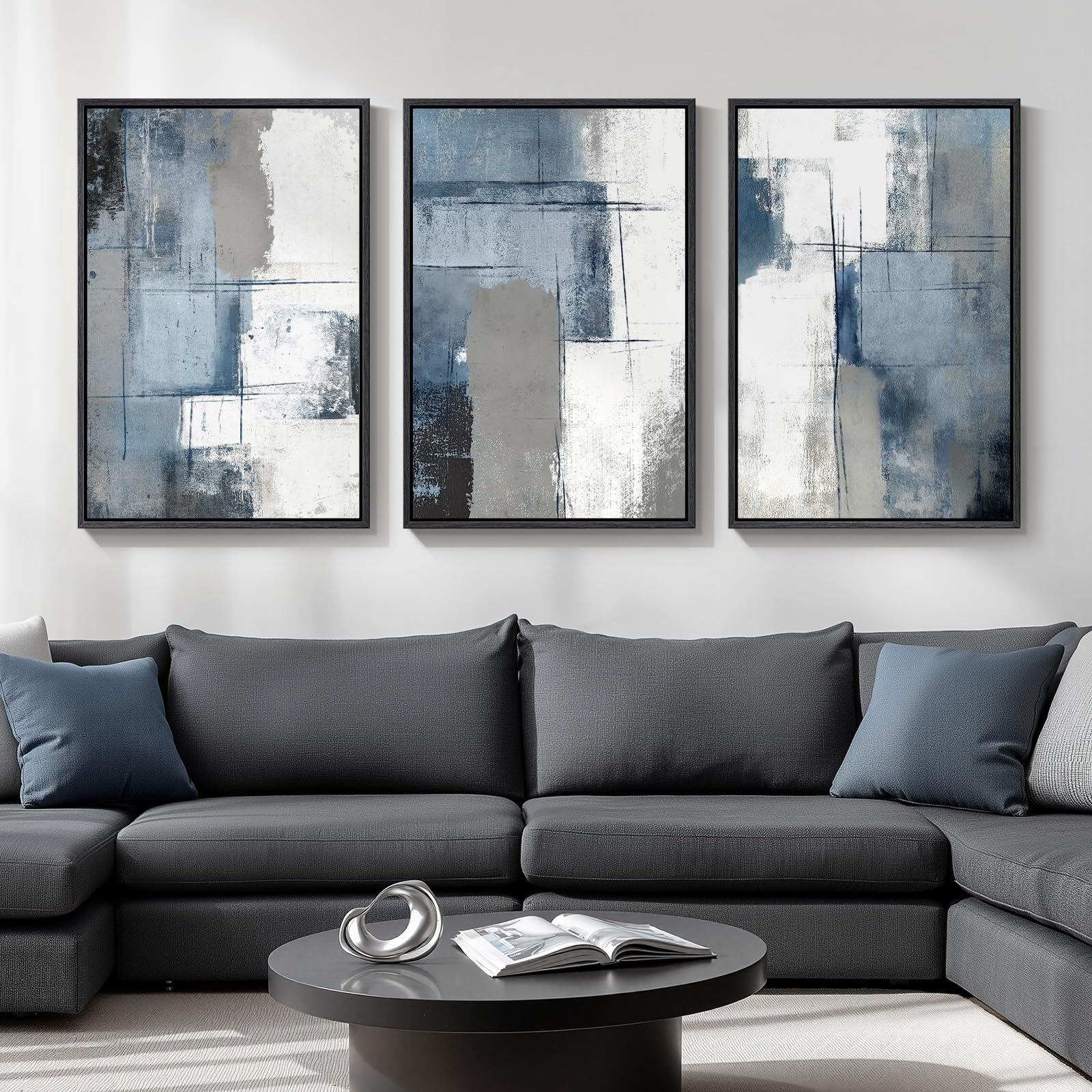 Large Framed Blue and Grey Abstract Wall Art for Living Room, 3 Piece Modern Canvas Prints Paintings Artwork for Walls, Minimalist Abstract Pictures Wall Decor for Hallway Office Bedroom 24x36 In