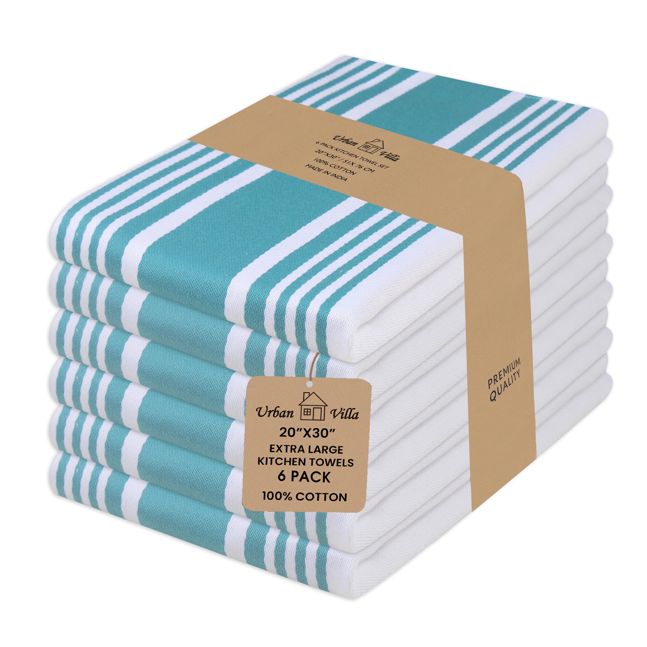Urban Villa Kitchen Towels 100% Cotton Dish Towels for Kitchen (Set of 6) 20”x30” Dish Cloths Highly Absorbent Kitchen Linen Set with Hanging Loop Perfect for Drying Dishes Cleaning Towels-Blue White