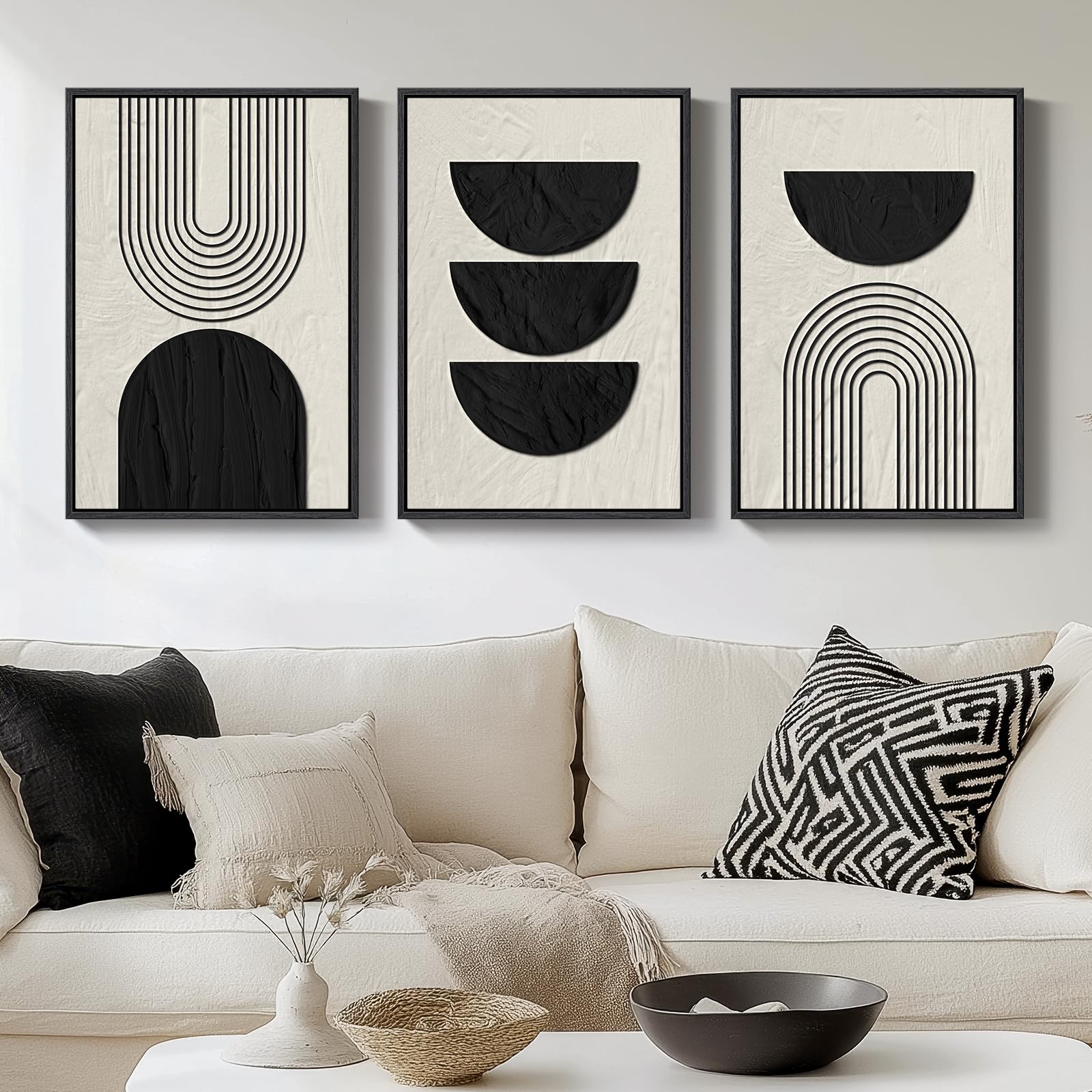 Framed Black and White Abstract Wall Art, 3 Piece Modern Canvas Prints Paintings Art for Walls, Minimalist Black White Abstract Pictures for Living Room Bedroom Dining Room Office Wall Decor 16x24 In