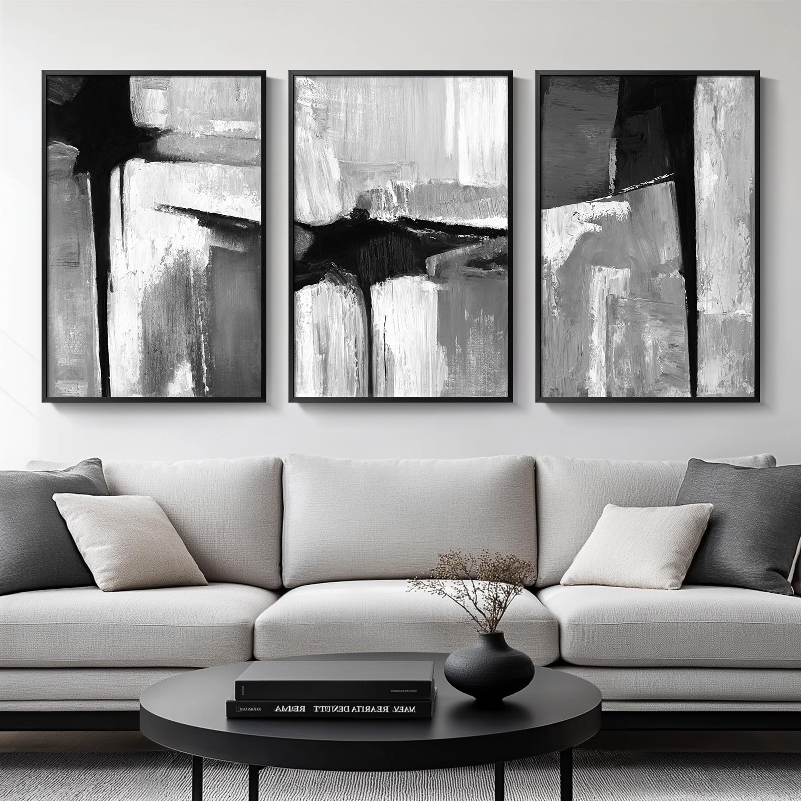 Large Framed Black and White Abstract Wall Art for Living Room, 3 Piece Big Modern Canvas Prints Paintings Artwork for Walls, Minimalist Abstract Art Pictures for Hallway, Office Wall Decor 24x36 In