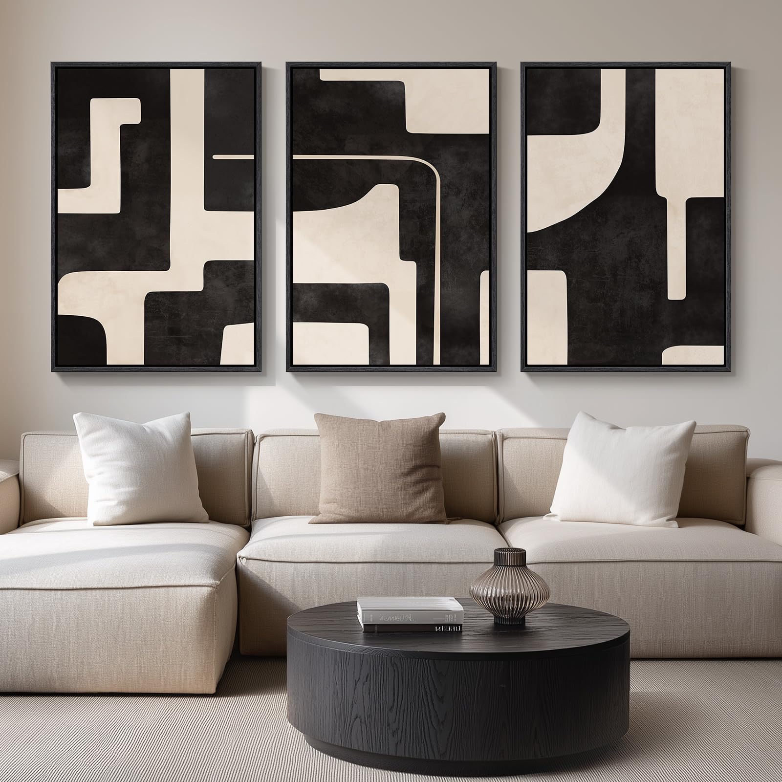 Framed Black and White Abstract Wall Art, 3 Piece Modern Canvas Prints Paintings Art for Walls, Minimalist Black White Abstract Pictures for Living Room Bedroom Dining Room Office Wall Decor 16x24 In