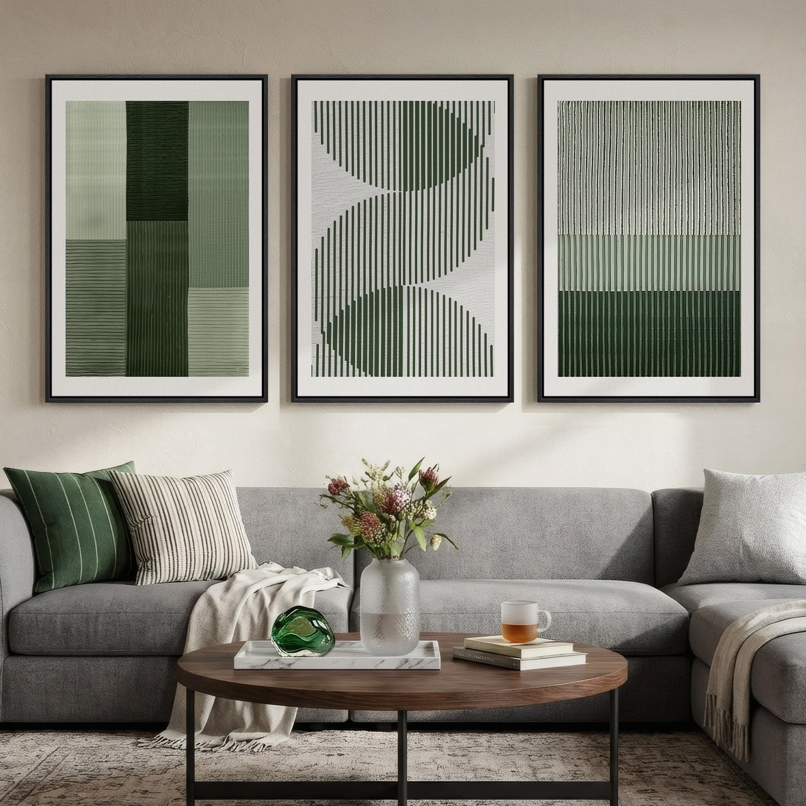 Large Framed Abstract Nature Landscape Wall Art for Living Room, Set of 3 Modern Canvas Prints Paintings Artwork for Walls, Green Lake Pictures for Hallway, Dining Room, Office Wall Decor 24x36 Inch