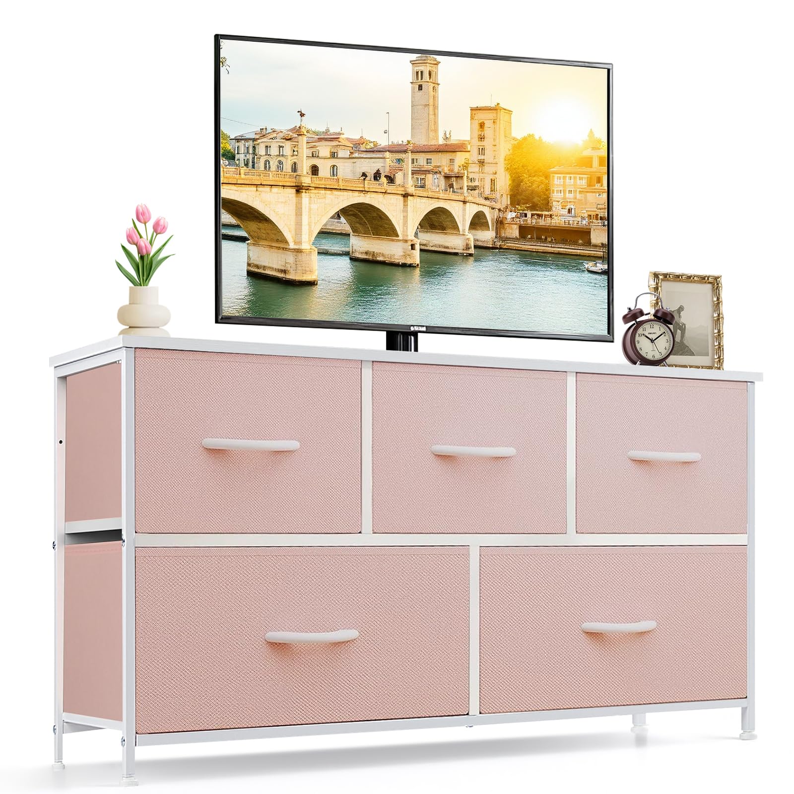 9-Drawer Dresser for Bedroom, Anti-Tip Tall Storage Organizer Chest of Drawers with Wooden Top and Metal Frame Fabric Bins for Closet, Living Room, Hallway, Entryway, White