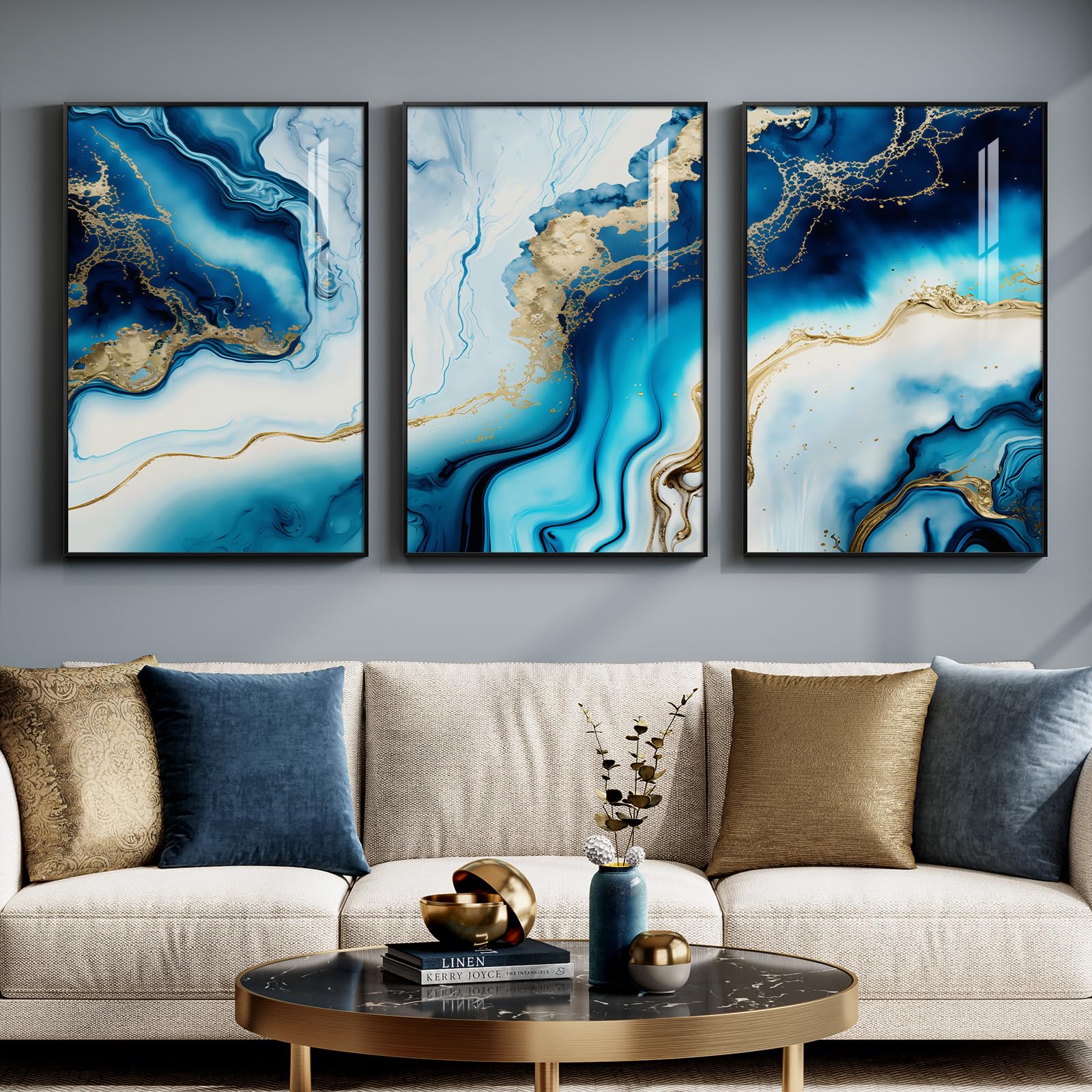 Large Framed Blue and Grey Abstract Wall Art for Living Room, 3 Piece Modern Canvas Prints Paintings Artwork for Walls, Minimalist Abstract Pictures Wall Decor for Hallway Office Bedroom 24x36 In