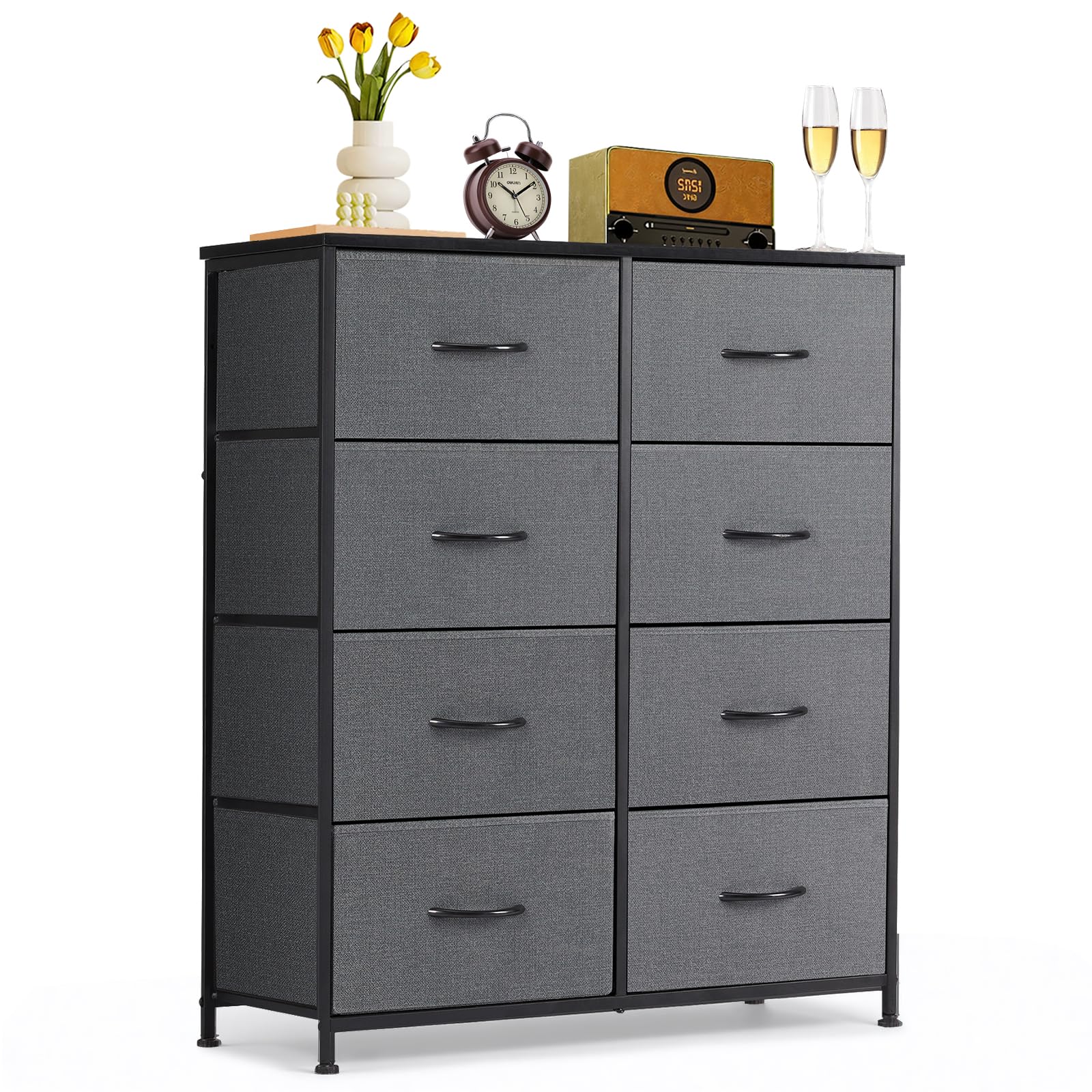 9-Drawer Dresser for Bedroom, Anti-Tip Tall Storage Organizer Chest of Drawers with Wooden Top and Metal Frame Fabric Bins for Closet, Living Room, Hallway, Entryway, White
