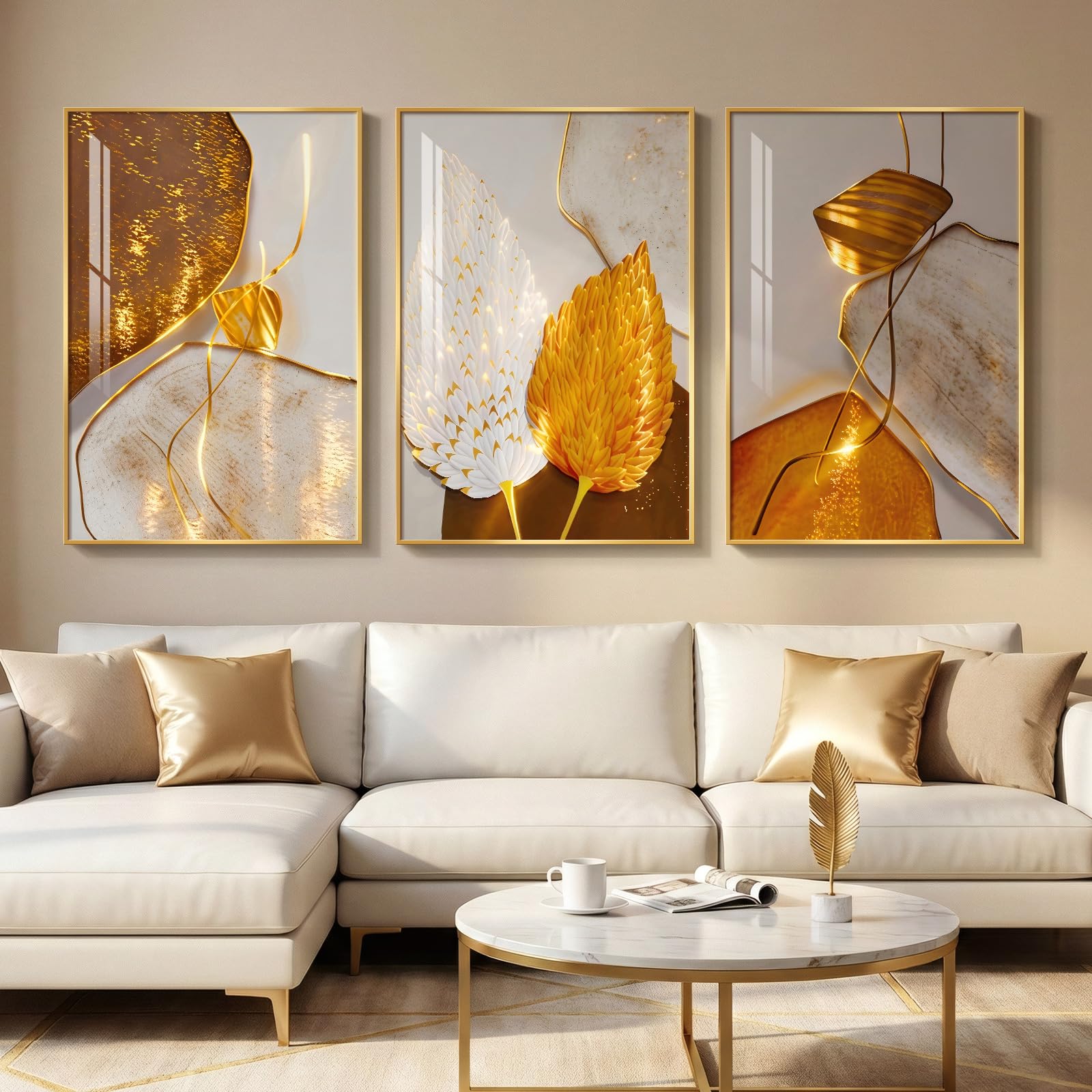 Large Framed Modern Luxury Gold Wall Art for Living Room, 3 Piece Bright Style Art Prints Paintings Artwork for Walls, Bronze Gold Geometric Pictures for Hallway Stair Office Wall Decor 24x36 In