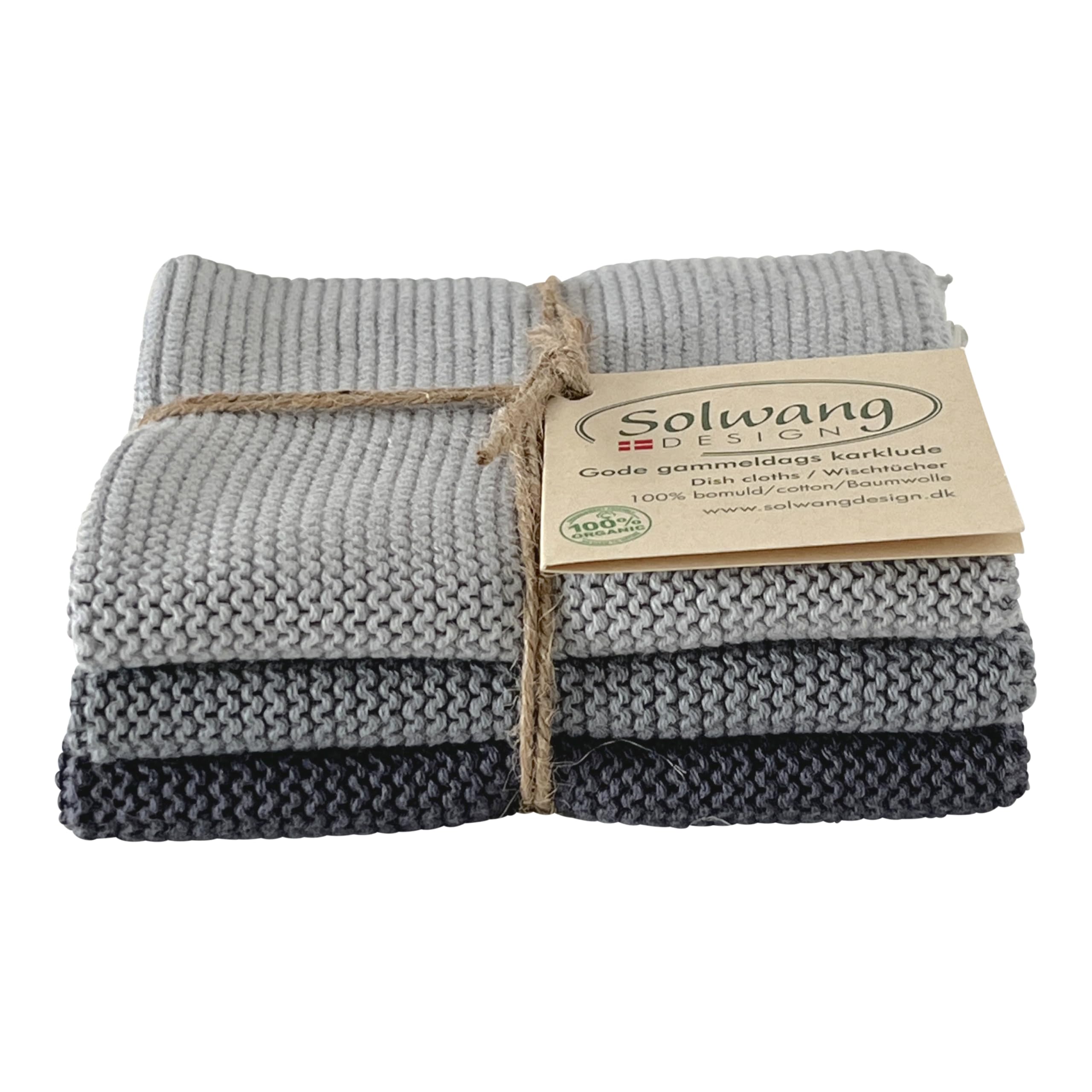 Solwang 3-Piece Danish Cotton Dishcloths in 100% Certified Organic Cotton Made in India (Rustic Blue Organic Combi)