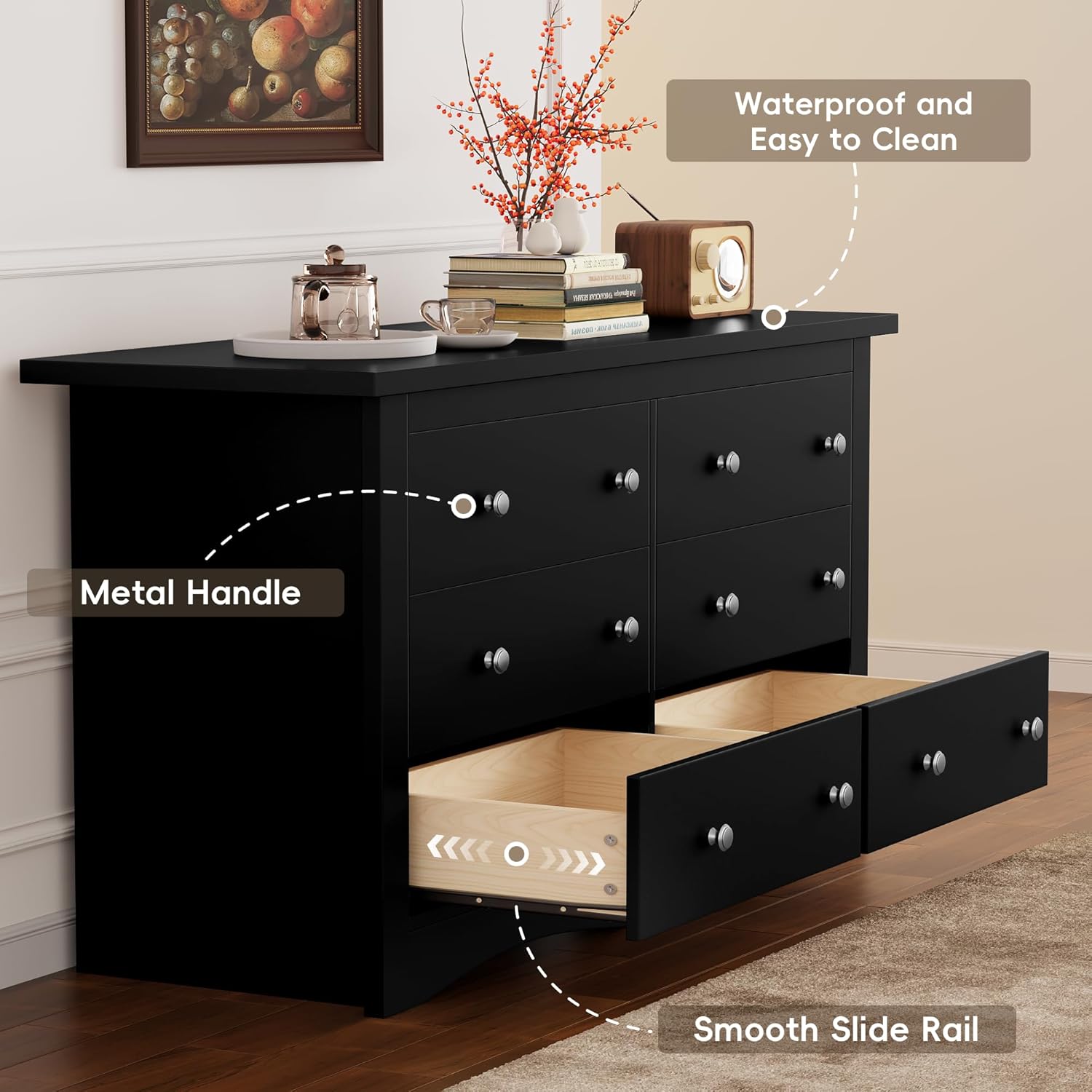 Furmax Dresser for Bedroom, 6 Wood Dresser, Chest of Drawers, for TV up to 65 inch, TV Stand Storage Chest of Drawers for Hallway Entryway (Black)