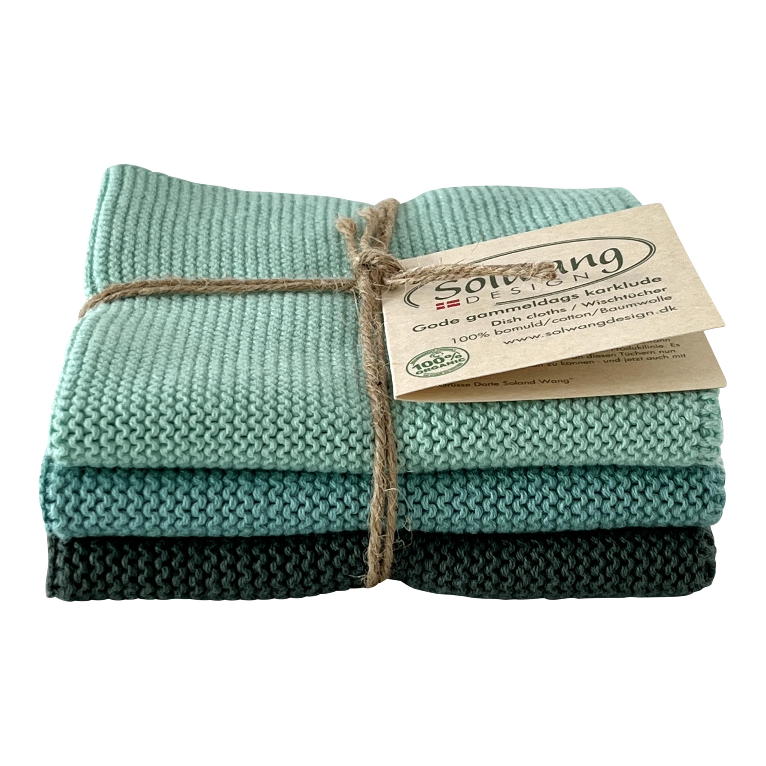 Solwang 3-Piece Danish Cotton Dishcloths in 100% Certified Organic Cotton Made in India (Rustic Blue Organic Combi)