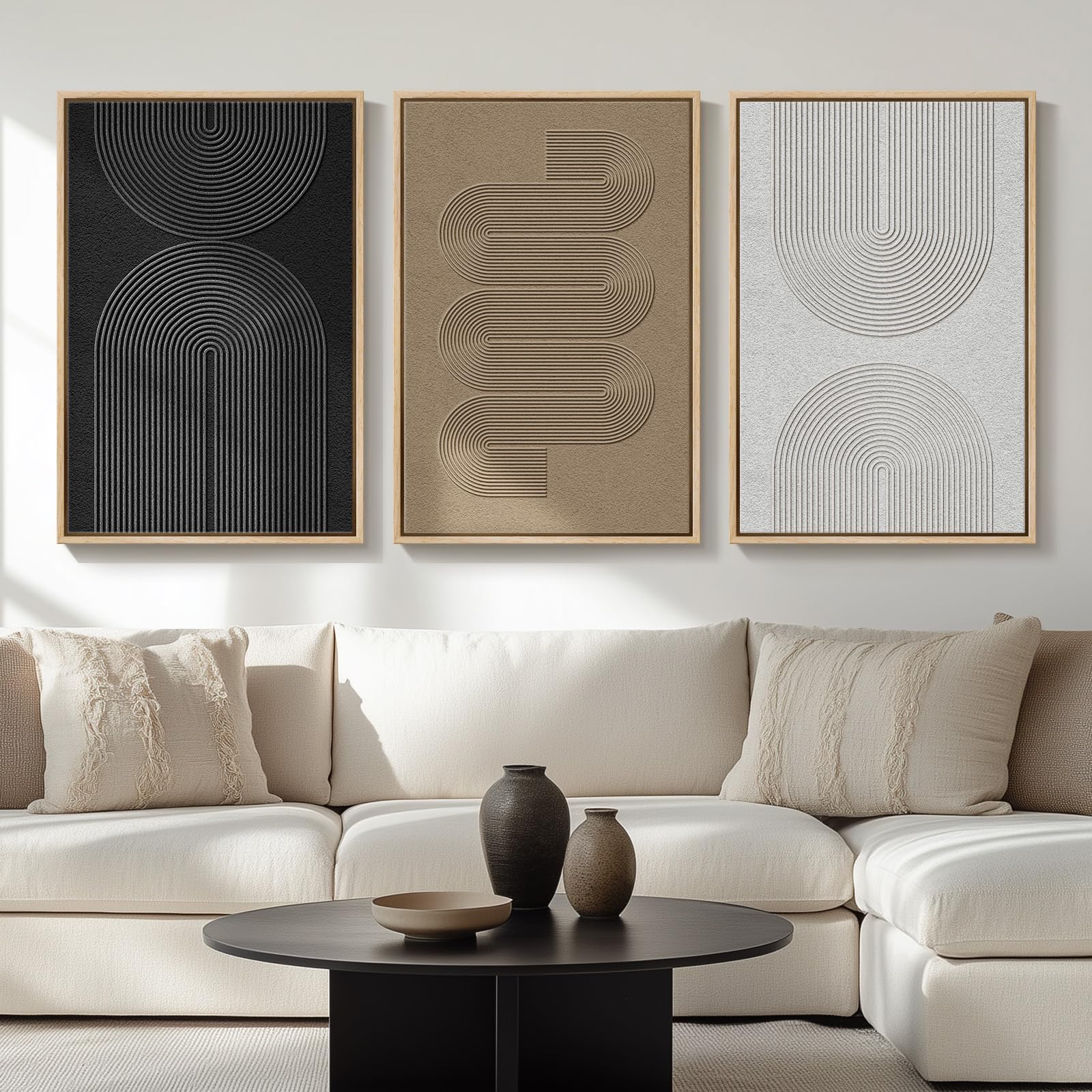 Framed Black and White Abstract Wall Art, 3 Piece Modern Canvas Prints Paintings Art for Walls, Minimalist Black White Abstract Pictures for Living Room Bedroom Dining Room Office Wall Decor 16x24 In