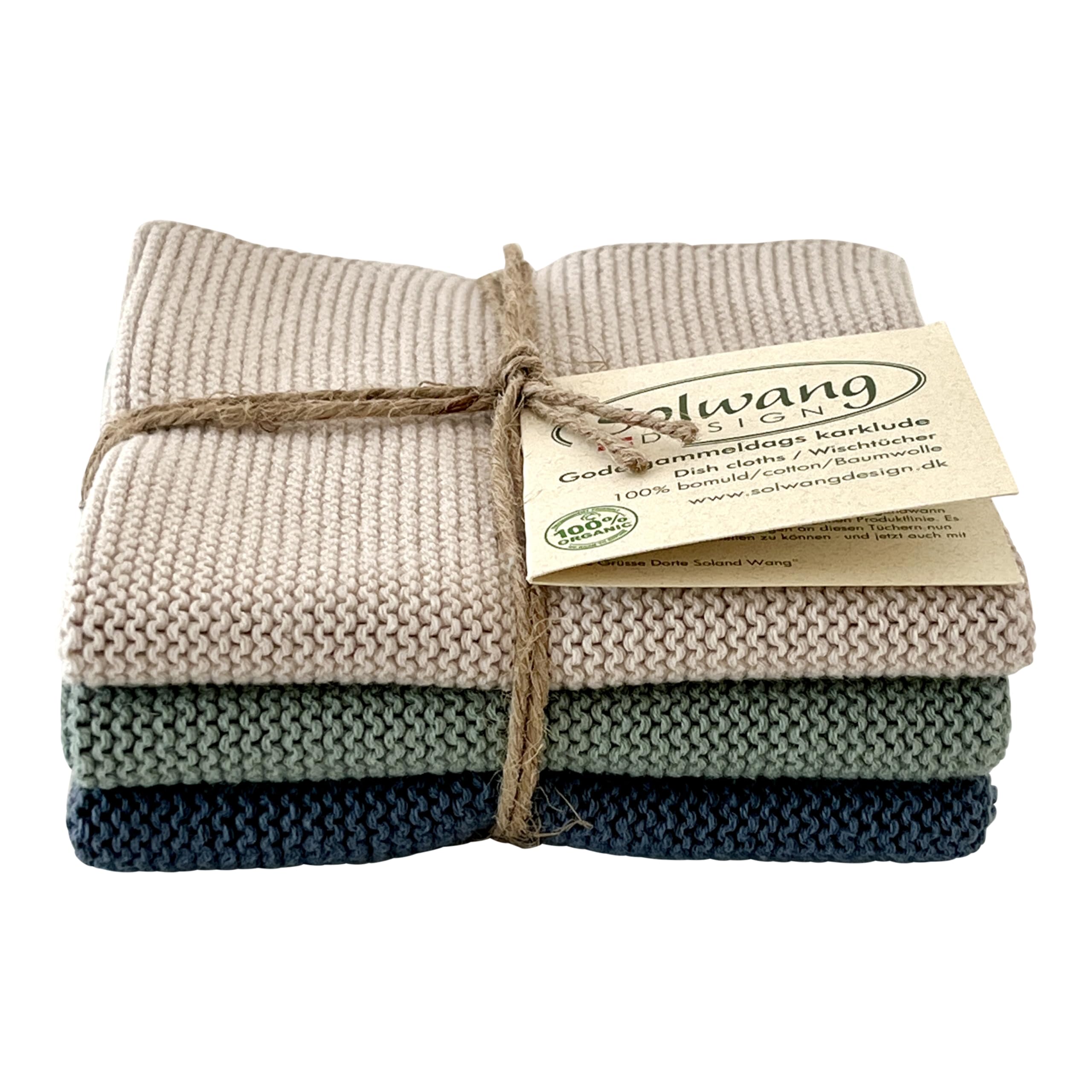 Solwang 3-Piece Danish Cotton Dishcloths in 100% Certified Organic Cotton Made in India (Rustic Blue Organic Combi)