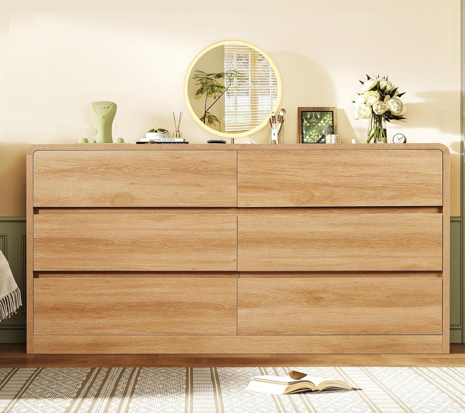 TEENFON 55" Dresser for Bedroom with 6 Drawers, Dressers & Chests of Drawers with Curved Profile Design, 6 Drawer Dresser, Bedroom Dressers, Wood Dressers for Bedroom, Hallway, Natural
