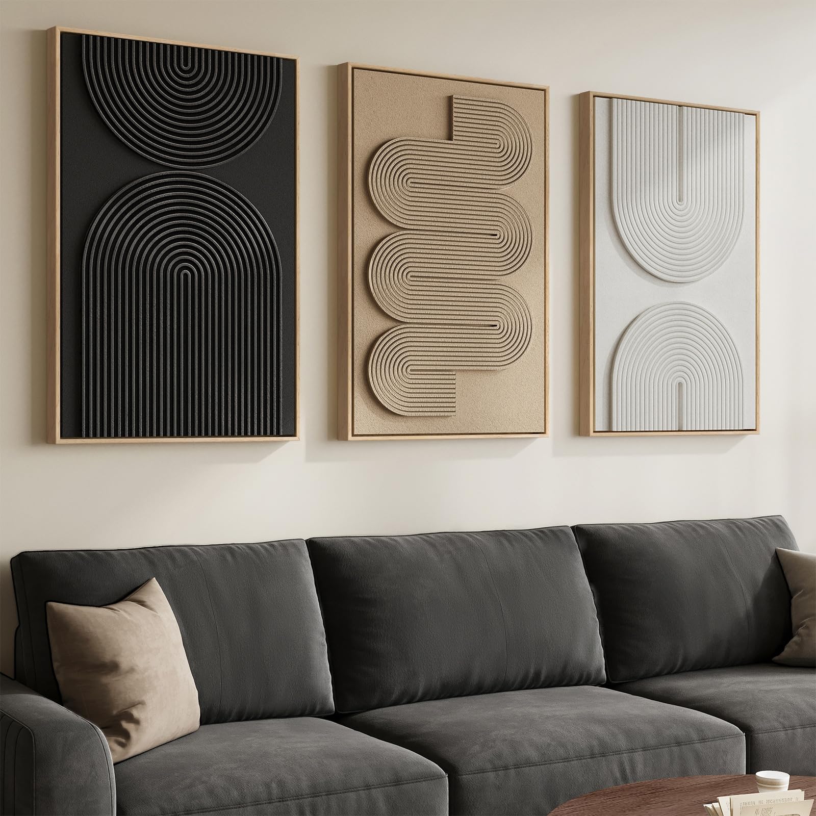 Framed Abstract 3D Textured Wall Art for Living Room, 3 Piece Modern Neutral Artwork for Walls, Brown White Geometric Sandstone Textured Painting for Bedroom, Home Office Decor-Total Size 30x60 Inch