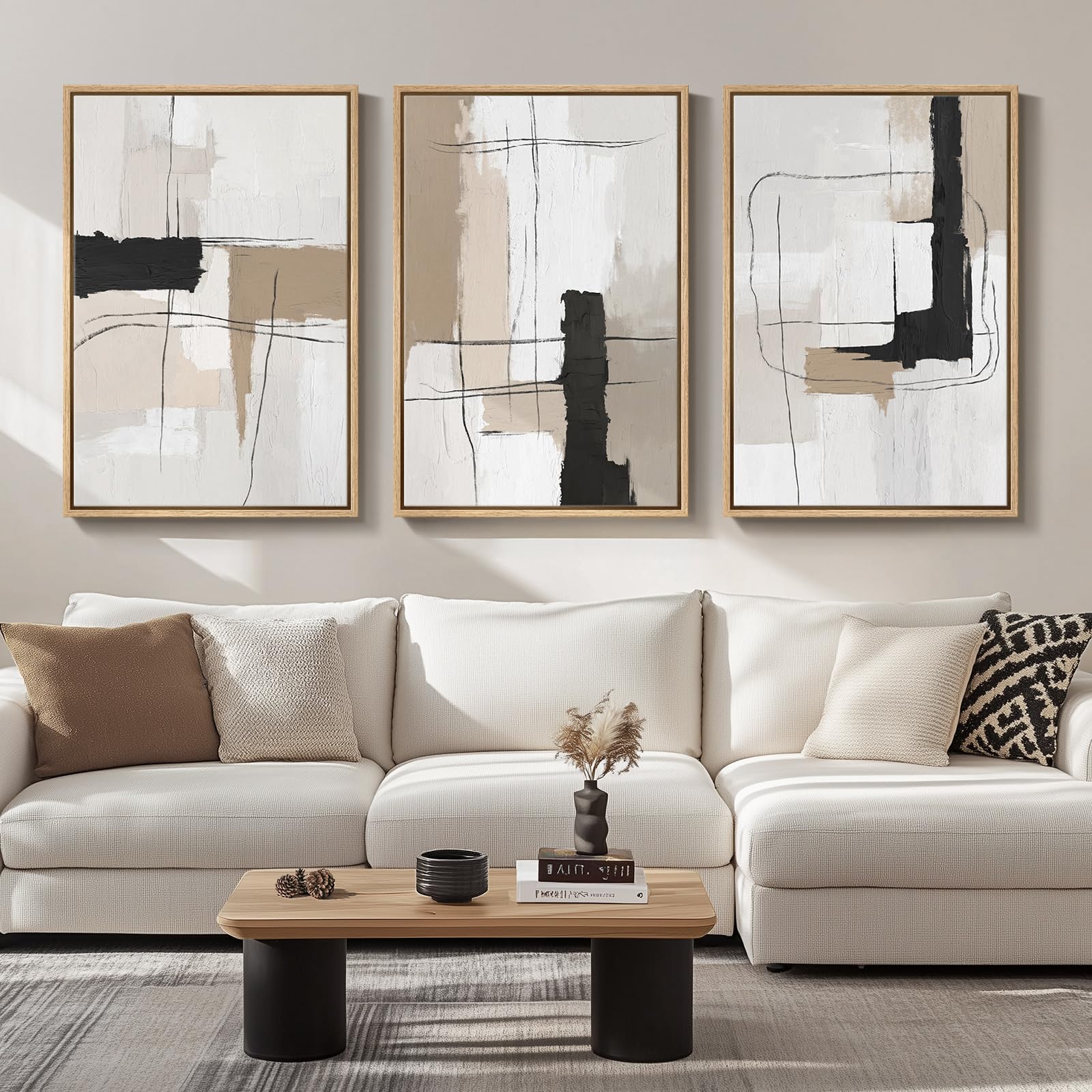 Large Framed Neutral Abstract Wall Art for Living Room, 3 Piece Modern Canvas Prints Paintings Artwork for Walls, Black and Beige Pictures for Living Room Hallway Stair Office Wall Decor 24x36 Inch