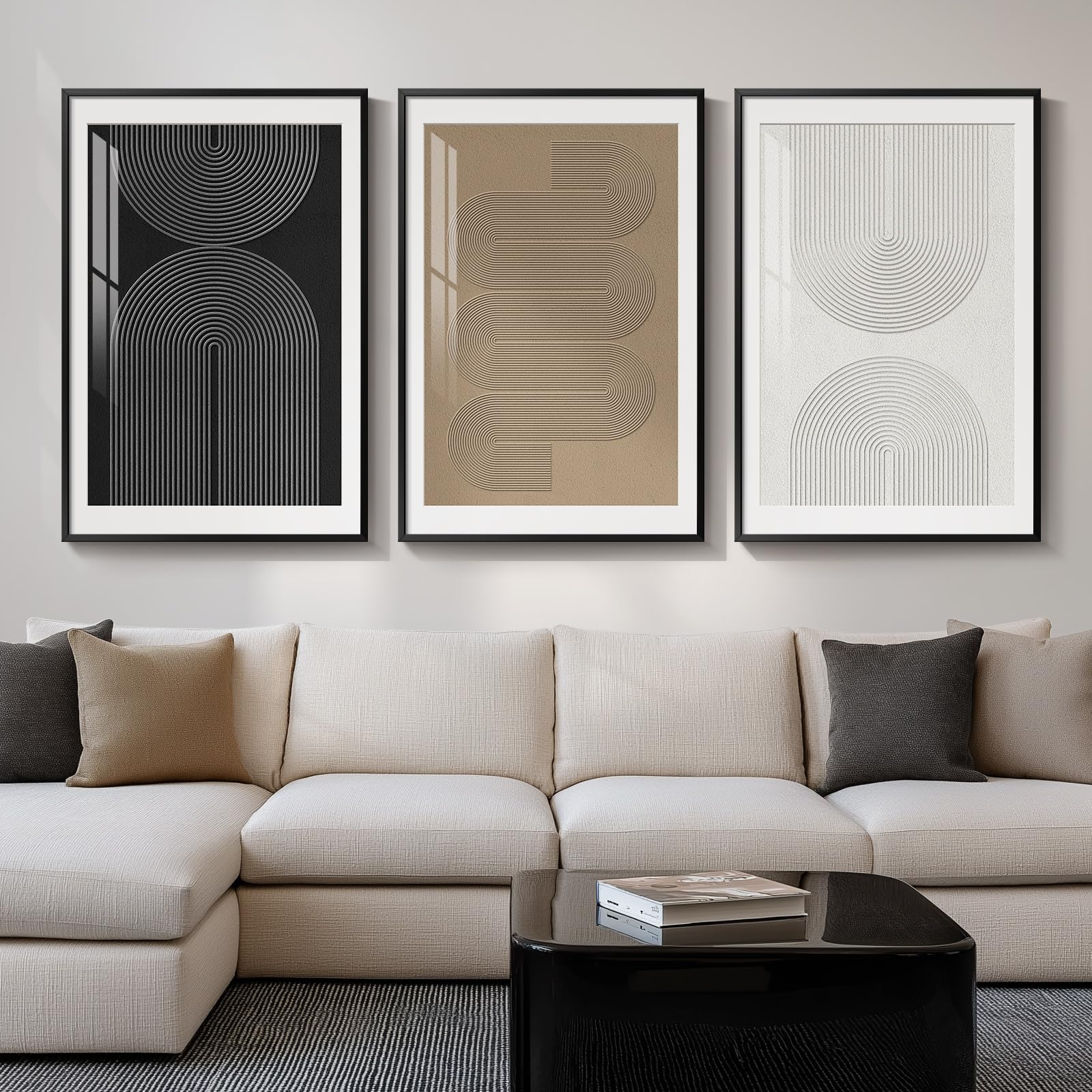 Framed Black and White Abstract Wall Art, 3 Piece Modern Canvas Prints Paintings Art for Walls, Minimalist Black White Abstract Pictures for Living Room Bedroom Dining Room Office Wall Decor 16x24 In