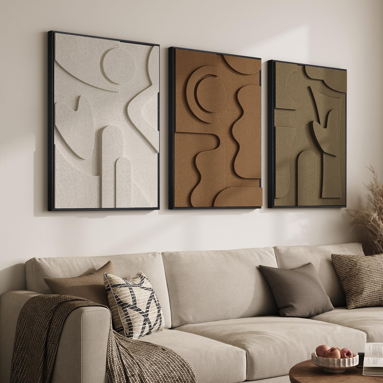 Framed Abstract 3D Textured Wall Art for Living Room, 3 Piece Modern Neutral Artwork for Walls, Brown White Geometric Sandstone Textured Painting for Bedroom, Home Office Decor-Total Size 30x60 Inch
