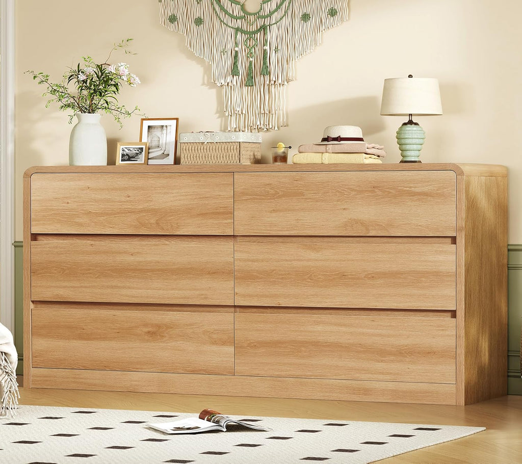 TEENFON 55" Dresser for Bedroom with 6 Drawers, Dressers & Chests of Drawers with Curved Profile Design, 6 Drawer Dresser, Bedroom Dressers, Wood Dressers for Bedroom, Hallway, Natural