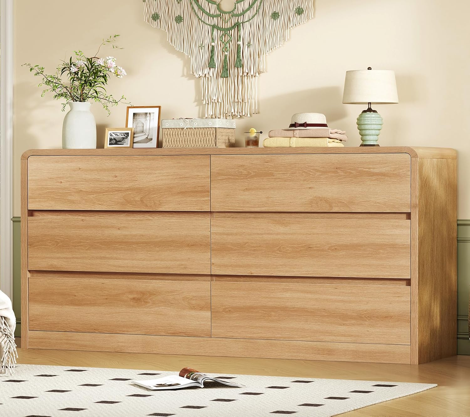 TEENFON 55" Dresser for Bedroom with 6 Drawers, Dressers & Chests of Drawers with Curved Profile Design, 6 Drawer Dresser, Bedroom Dressers, Wood Dressers for Bedroom, Hallway, Natural