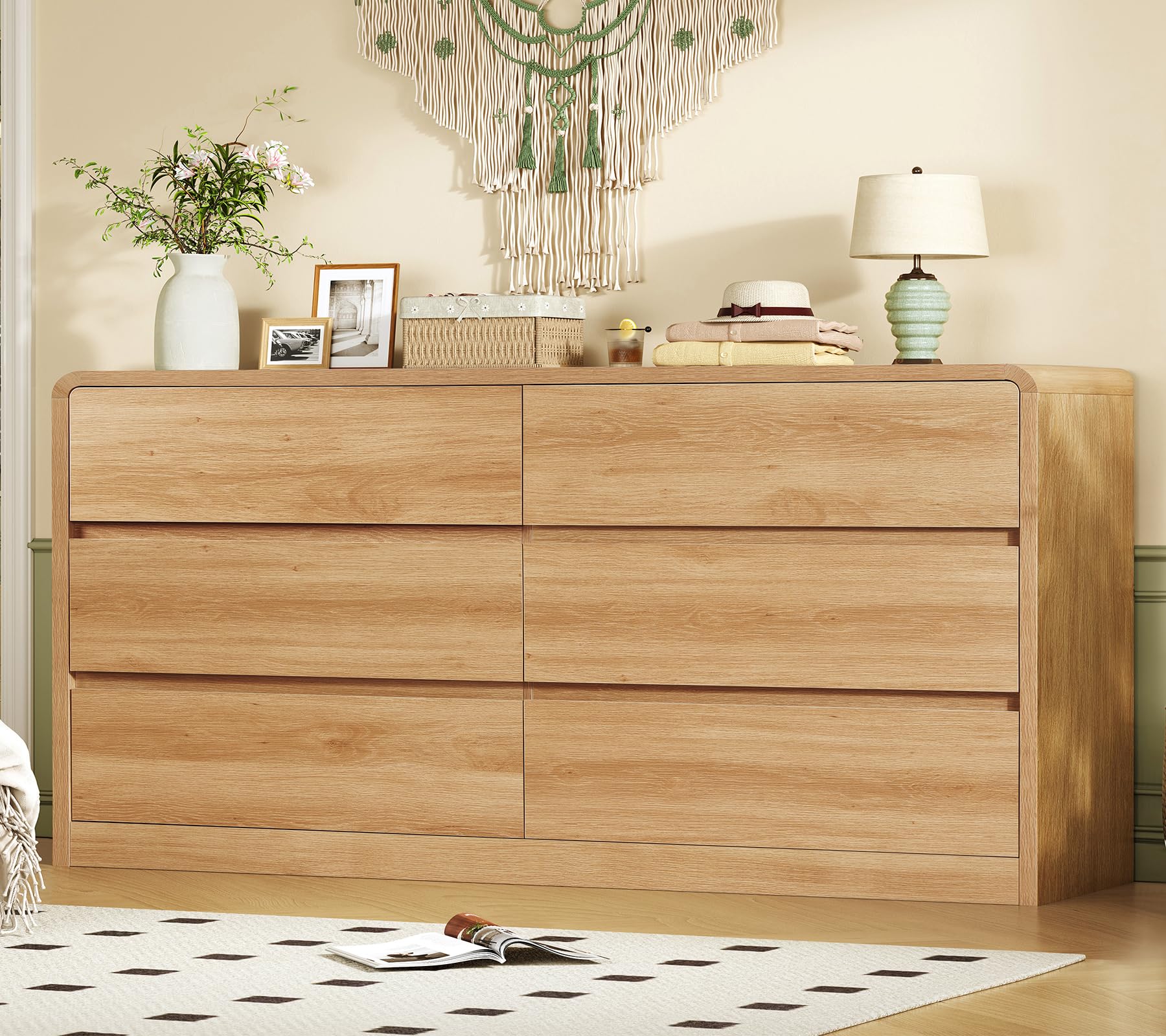 TEENFON 55" Dresser for Bedroom with 6 Drawers, Dressers & Chests of Drawers with Curved Profile Design, 6 Drawer Dresser, Bedroom Dressers, Wood Dressers for Bedroom, Hallway, Natural