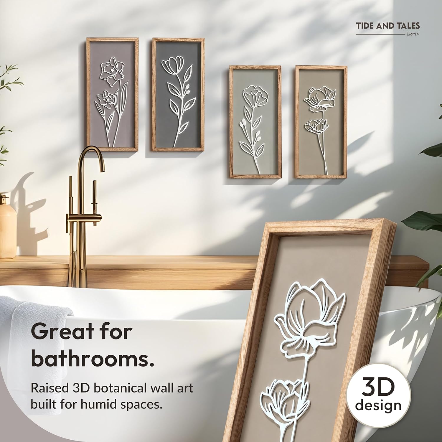Set of 4 3D Wooden Floral Framed Wall Decor