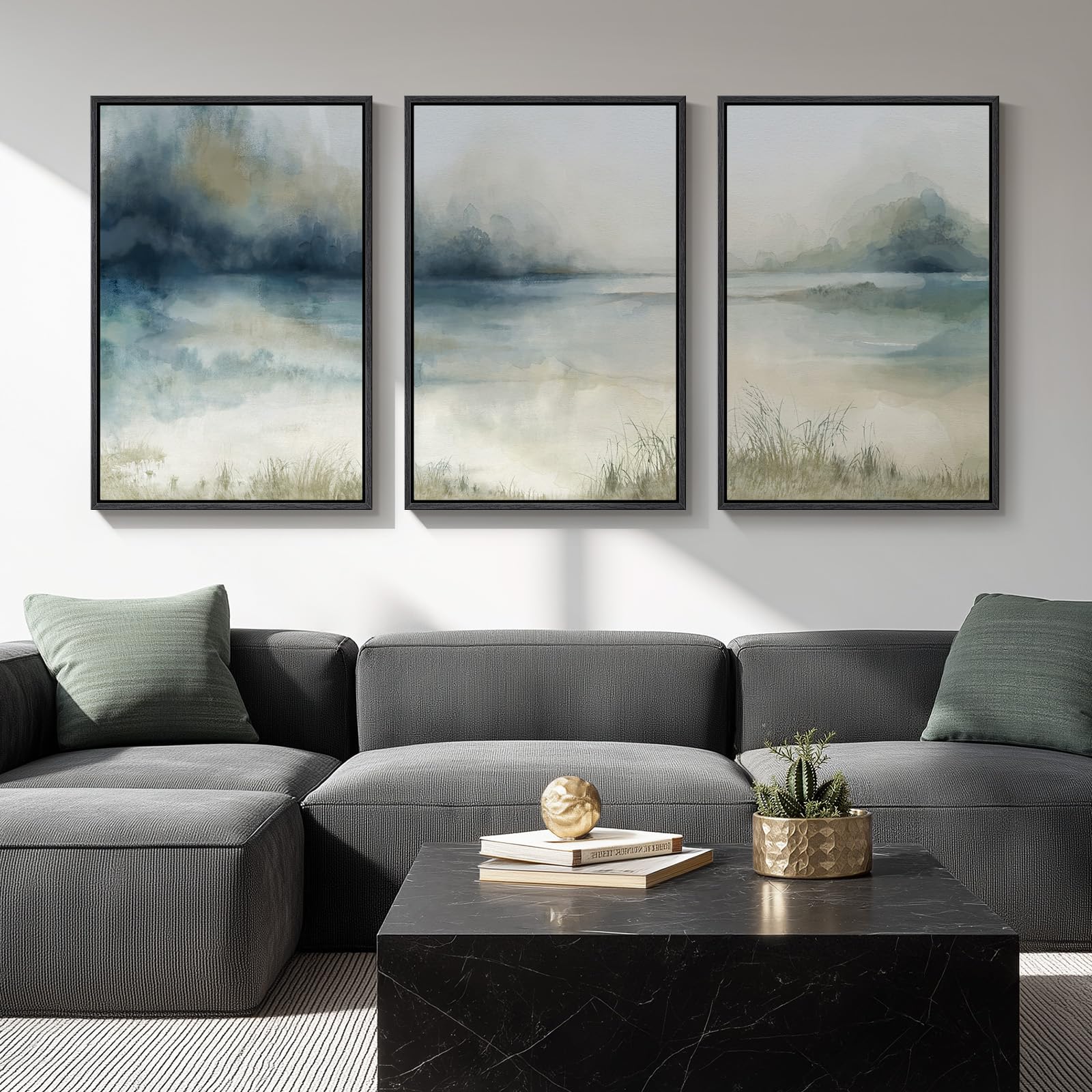 Large Framed Abstract Nature Landscape Wall Art for Living Room, Set of 3 Modern Canvas Prints Paintings Artwork for Walls, Green Lake Pictures for Hallway, Dining Room, Office Wall Decor 24x36 Inch