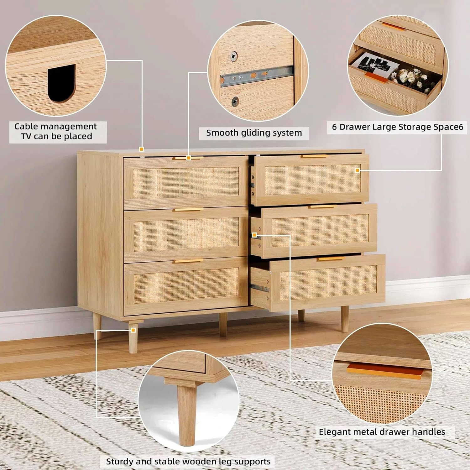FUQARHY 6 Drawer Dresser Rattan Dresser Modern Chest with Drawers,Wood Storage Closet Dressers Chest of Drawers for Bedroom,Living Room,Hallway (Natural)