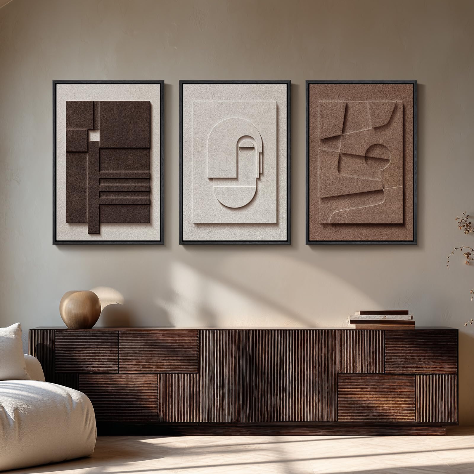 Framed Abstract 3D Textured Wall Art for Living Room, 3 Piece Modern Neutral Artwork for Walls, Brown White Geometric Sandstone Textured Painting for Bedroom, Home Office Decor-Total Size 30x60 Inch