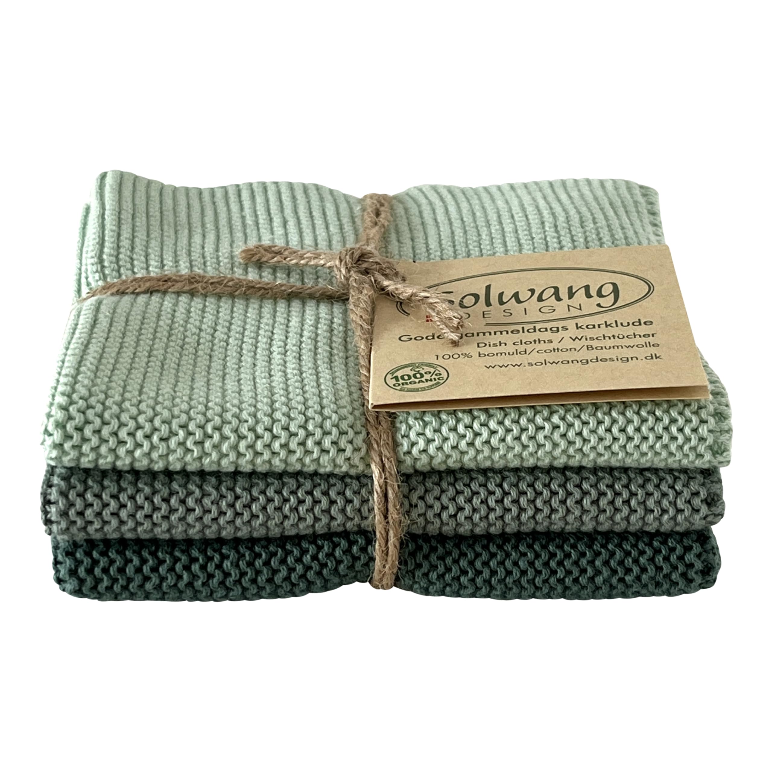 Solwang 3-Piece Danish Cotton Dishcloths in 100% Certified Organic Cotton Made in India (Rustic Blue Organic Combi)