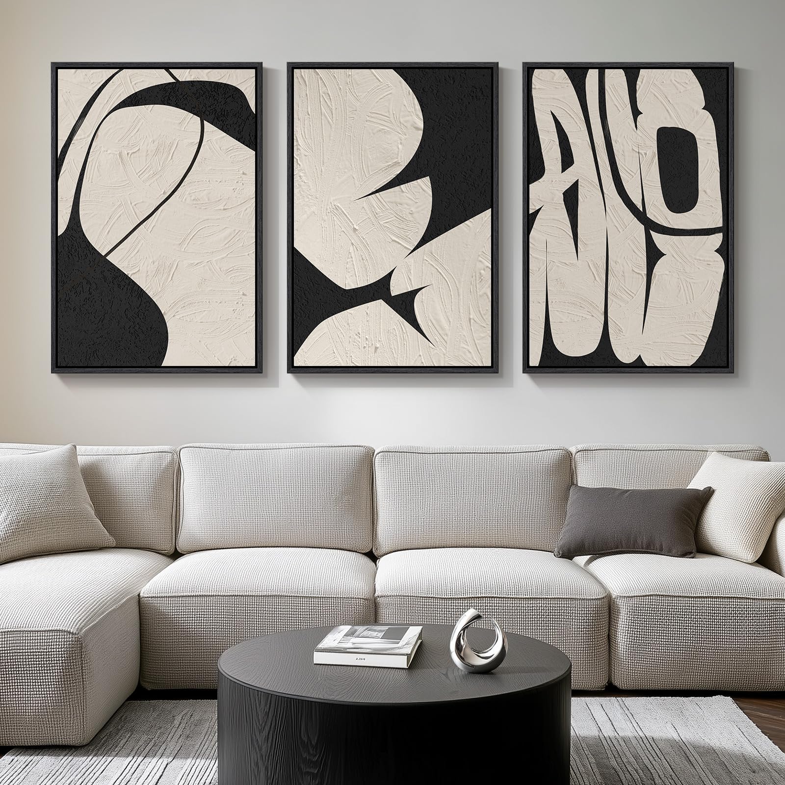 Large Framed Neutral Abstract Wall Art for Living Room, 3 Piece Modern Canvas Prints Paintings Artwork for Walls, Black and Beige Pictures for Living Room Hallway Stair Office Wall Decor 24x36 Inch