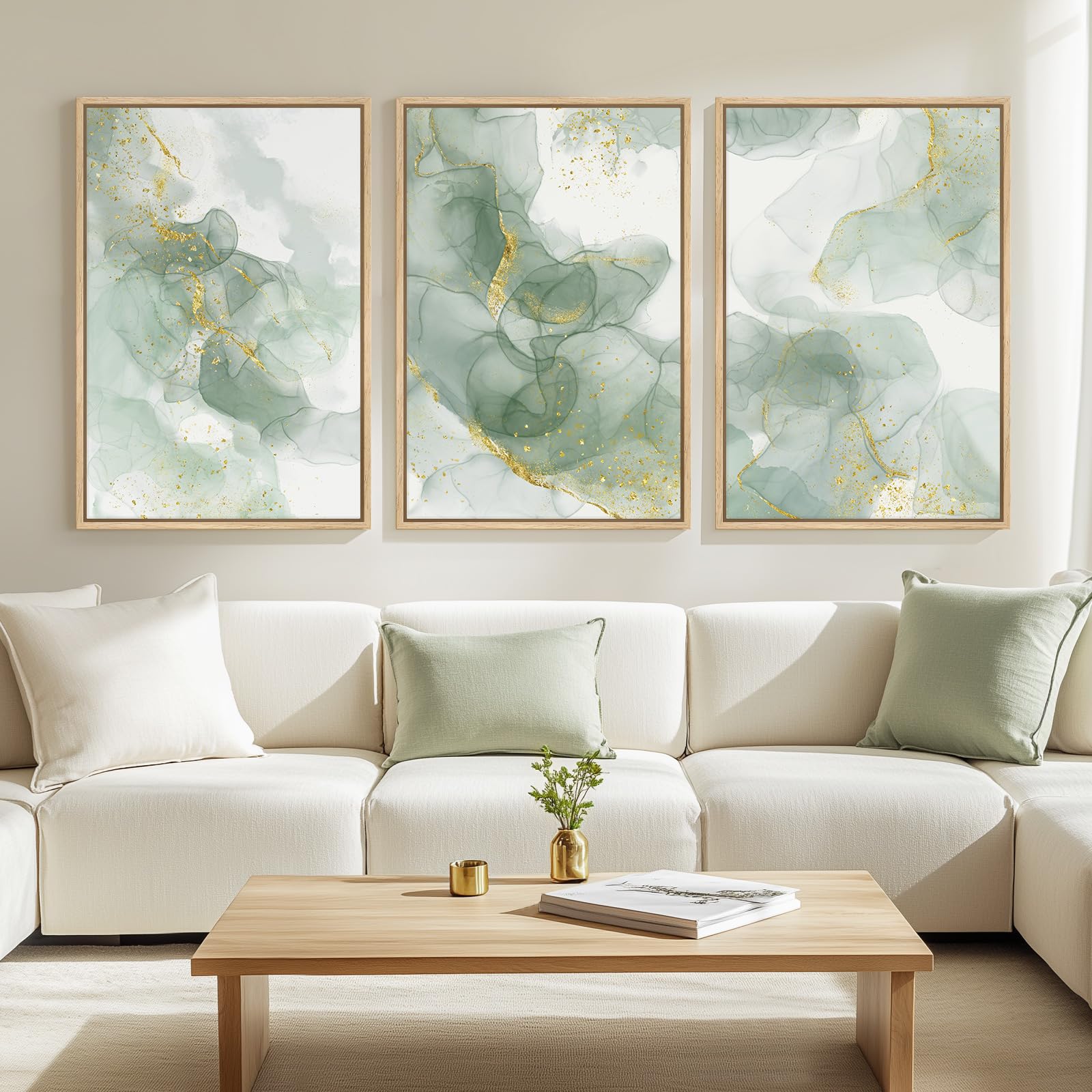 Large Framed Abstract Nature Landscape Wall Art for Living Room, Set of 3 Modern Canvas Prints Paintings Artwork for Walls, Green Lake Pictures for Hallway, Dining Room, Office Wall Decor 24x36 Inch