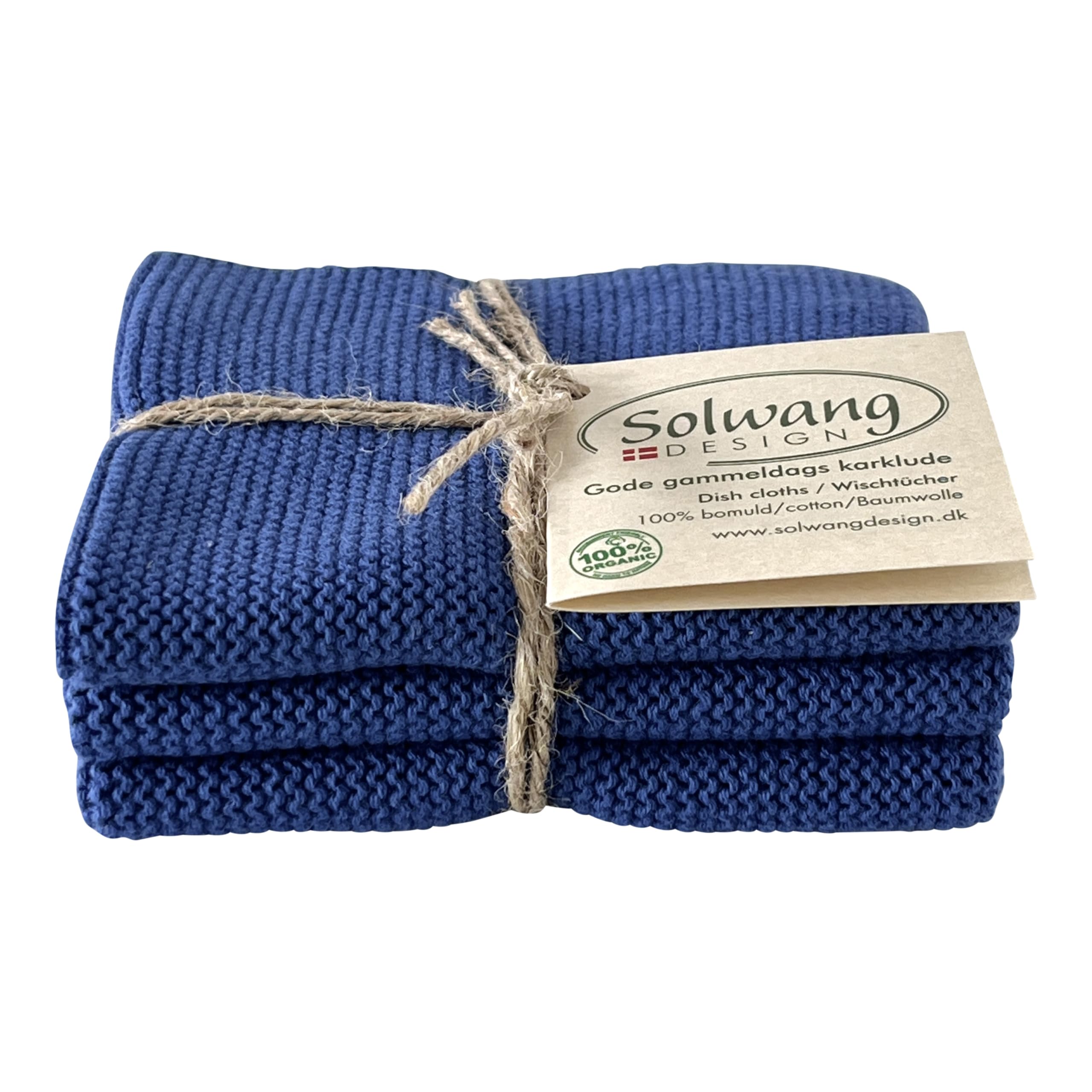 Solwang 3-Piece Danish Cotton Dishcloths in 100% Certified Organic Cotton Made in India (Rustic Blue Organic Combi)