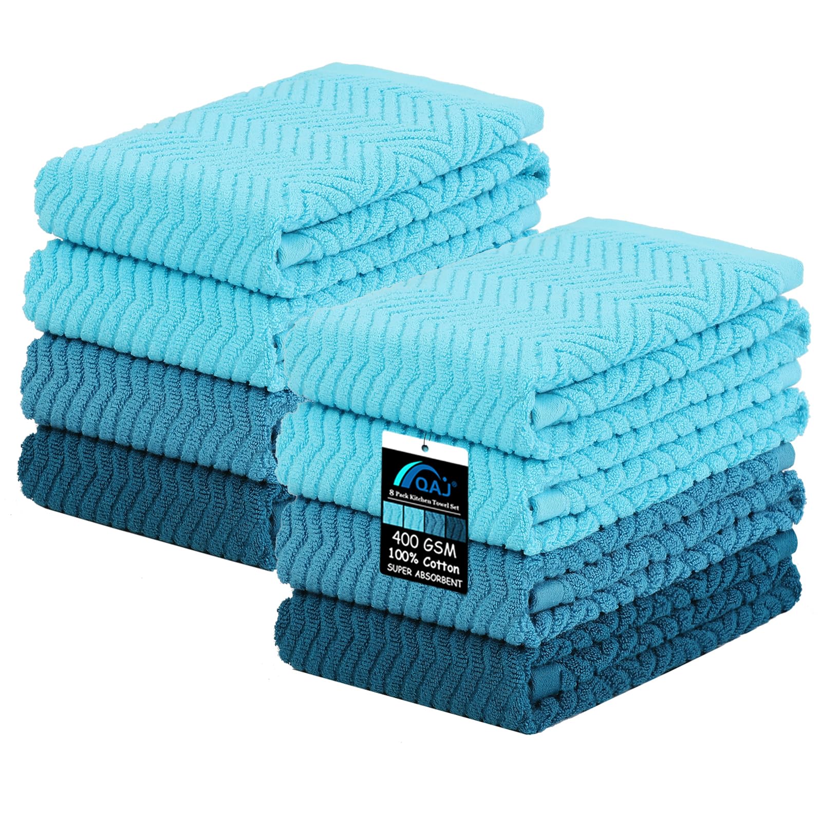 100% Cotton Kitchen Towels and Dishcloths Set, Pack of 8 Super Absorbent 16" x 25" Kitchen Towels and 13" x 13" Dish Cloths (400 GSM)