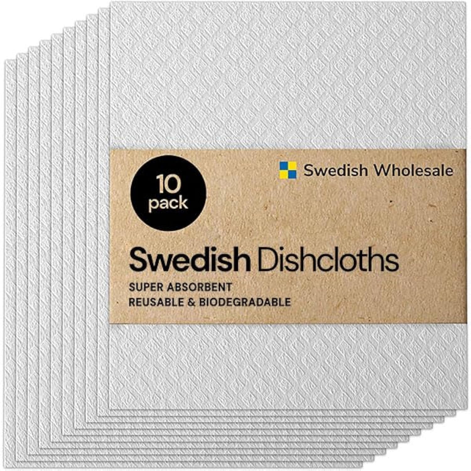 Swedish Wholesale Dishcloths Reusable 8" x 7" Sponge Cloths, Bulk 10 Pack of High Absorbent Cellulose Dish & Kitchen Cleaning Hand Towels, Wring to Dry & Machine Wash, Odor Resistant, White