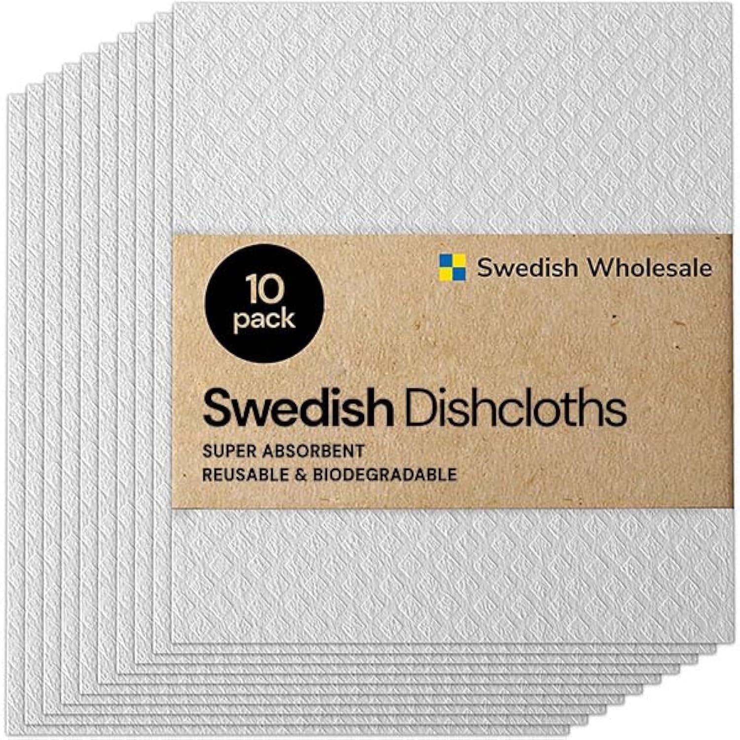 Swedish Wholesale Dishcloths Reusable 8" x 7" Sponge Cloths, Bulk 10 Pack of High Absorbent Cellulose Dish & Kitchen Cleaning Hand Towels, Wring to Dry & Machine Wash, Odor Resistant, White