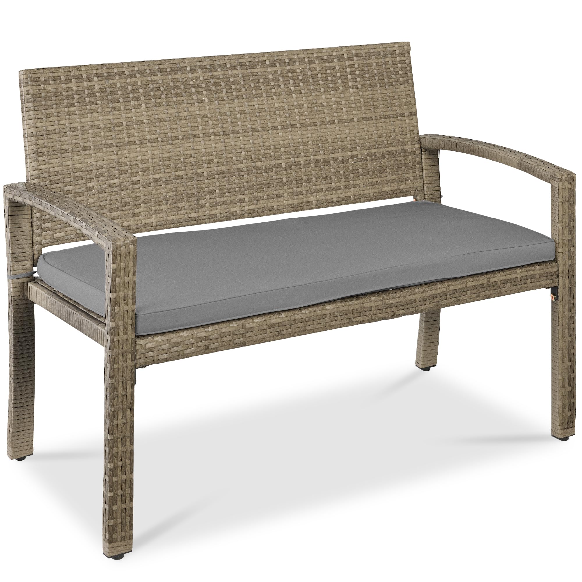 Best Choice Products Outdoor Bench 2-Person Wicker Garden Patio Benches Seating Furniture for Backyard, Porch w/Seat Cushion, 700lb Capacity - Brown/Tan