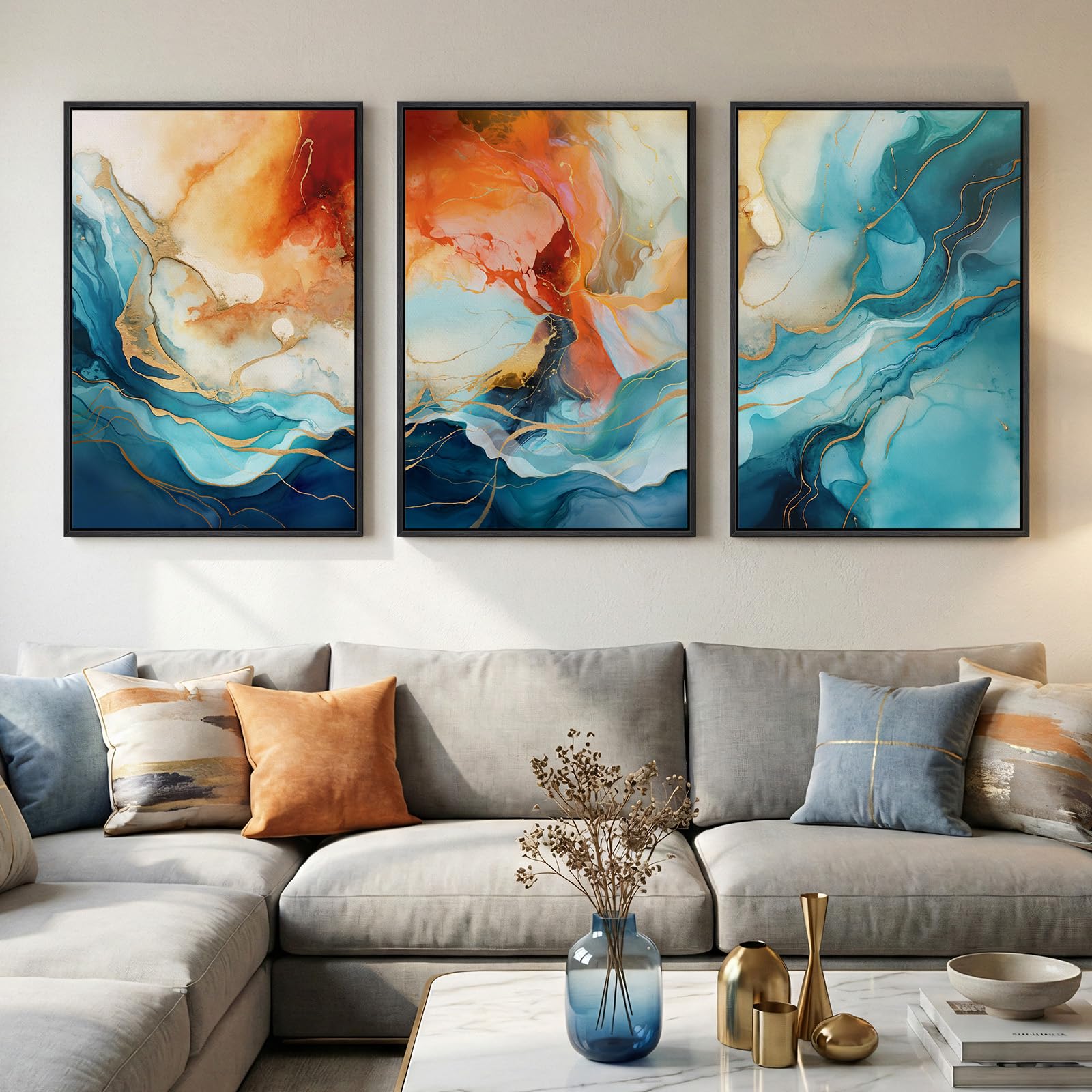 Large Framed Blue and Grey Abstract Wall Art for Living Room, 3 Piece Modern Canvas Prints Paintings Artwork for Walls, Minimalist Abstract Pictures Wall Decor for Hallway Office Bedroom 24x36 In
