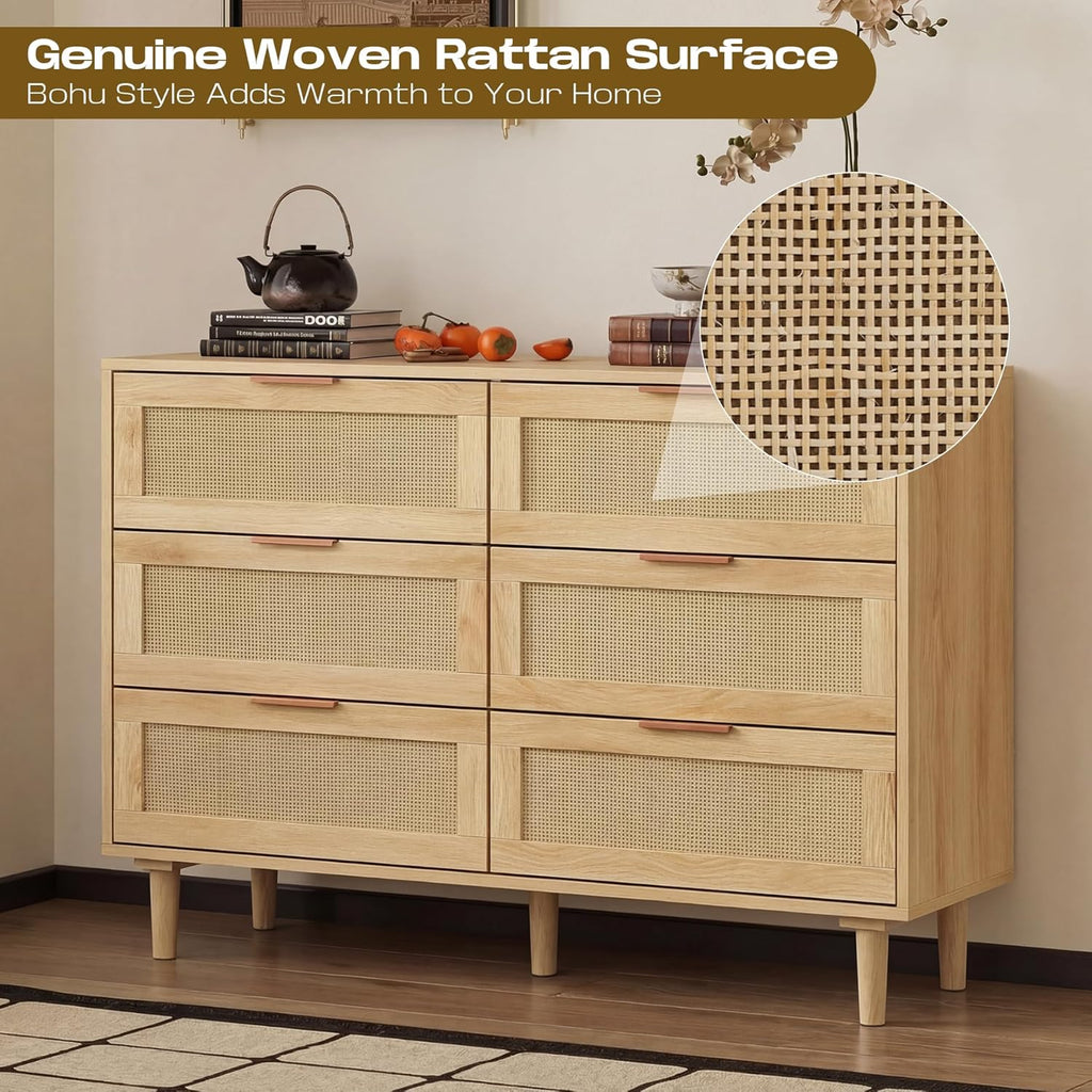 FUQARHY 6 Drawer Dresser Rattan Dresser Modern Chest with Drawers,Wood Storage Closet Dressers Chest of Drawers for Bedroom,Living Room,Hallway (Natural)