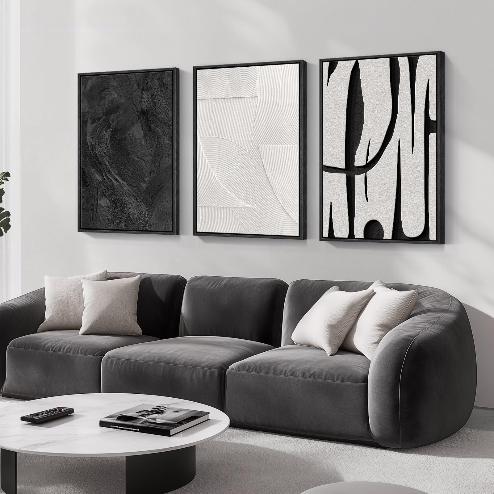 Framed Black and White Abstract Wall Art, 3 Piece Modern Canvas Prints Paintings Art for Walls, Minimalist Black White Abstract Pictures for Living Room Bedroom Dining Room Office Wall Decor 16x24 In