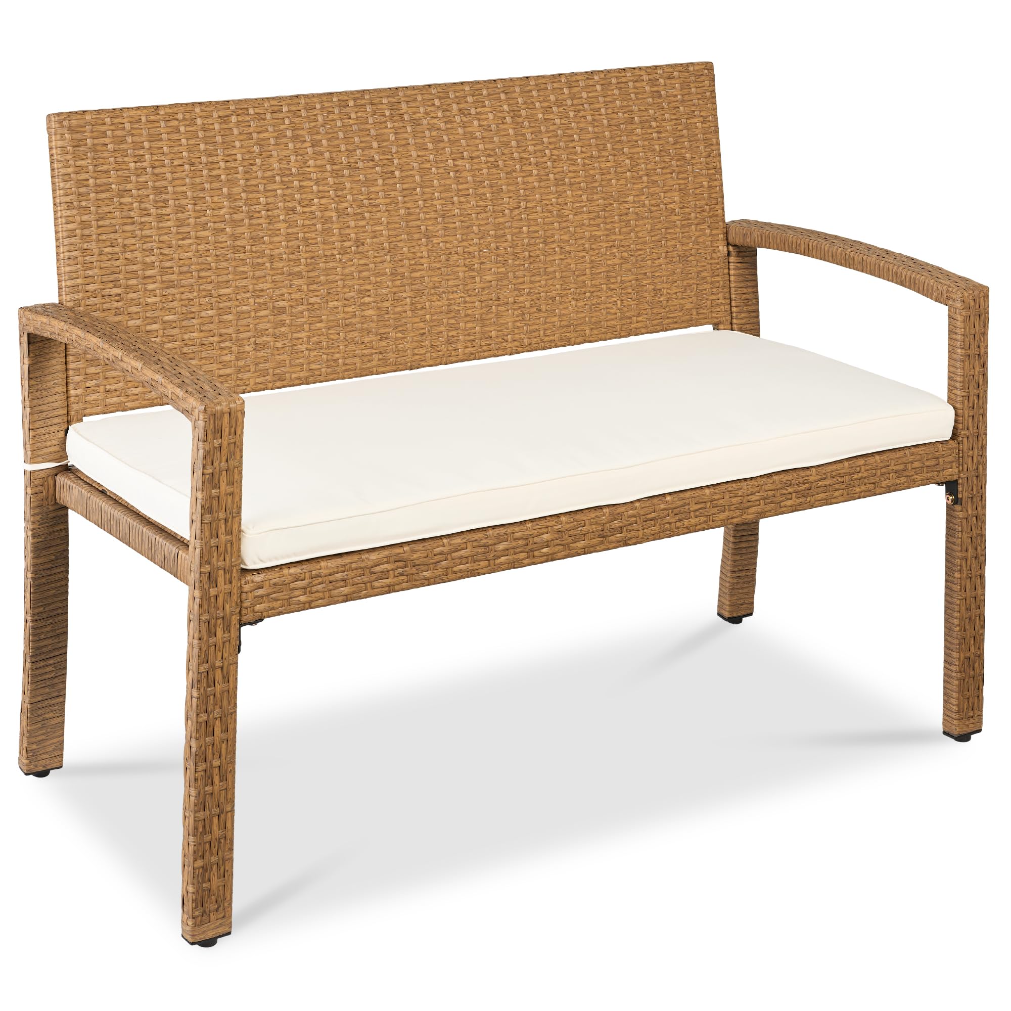 Best Choice Products Outdoor Bench 2-Person Wicker Garden Patio Benches Seating Furniture for Backyard, Porch w/Seat Cushion, 700lb Capacity - Brown/Tan
