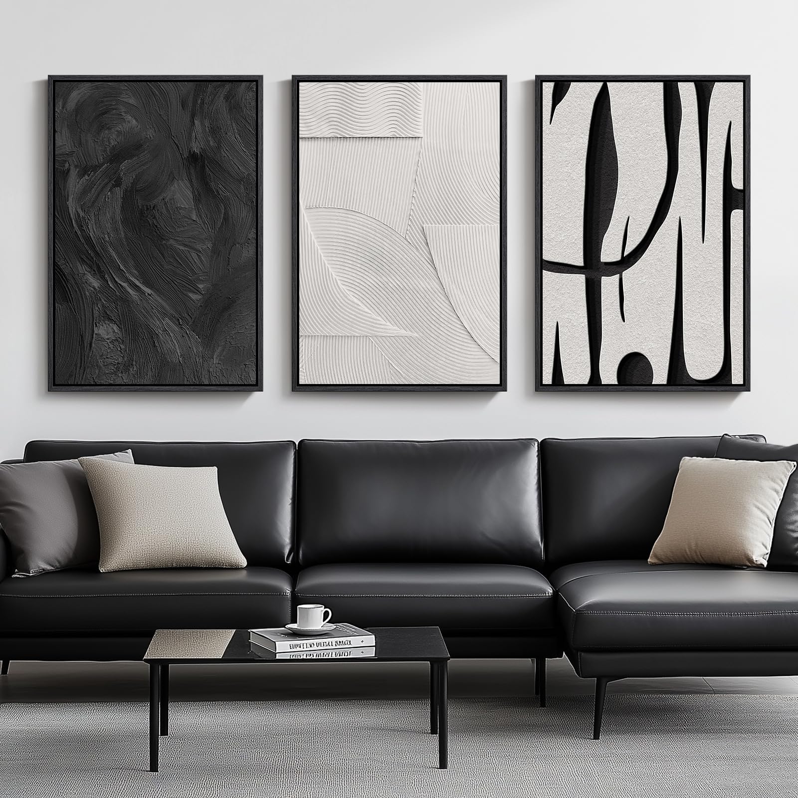 Framed Black and White Abstract Wall Art, 3 Piece Modern Canvas Prints Paintings Art for Walls, Minimalist Black White Abstract Pictures for Living Room Bedroom Dining Room Office Wall Decor 16x24 In